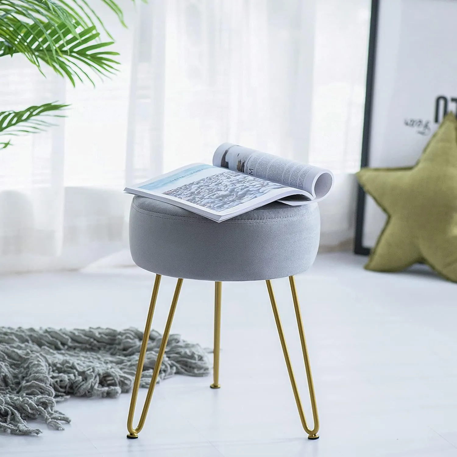GERANT Multifunctional Vanity Stools - Velvet Round Ottoman Modern Dressing Stool -Upholstered Footrest Stool - Side Table Footstool with Golden Metal Leg for Living Room, Bedroom (Gray)