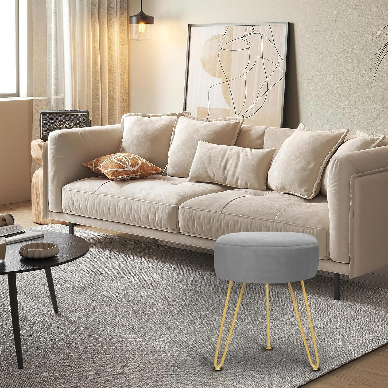 GERANT Multifunctional Vanity Stools - Velvet Round Ottoman Modern Dressing Stool -Upholstered Footrest Stool - Side Table Footstool with Golden Metal Leg for Living Room, Bedroom (Gray)