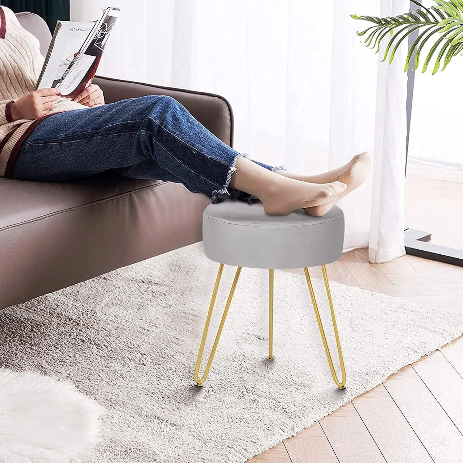 GERANT Multifunctional Vanity Stools - Velvet Round Ottoman Modern Dressing Stool -Upholstered Footrest Stool - Side Table Footstool with Golden Metal Leg for Living Room, Bedroom (Gray)