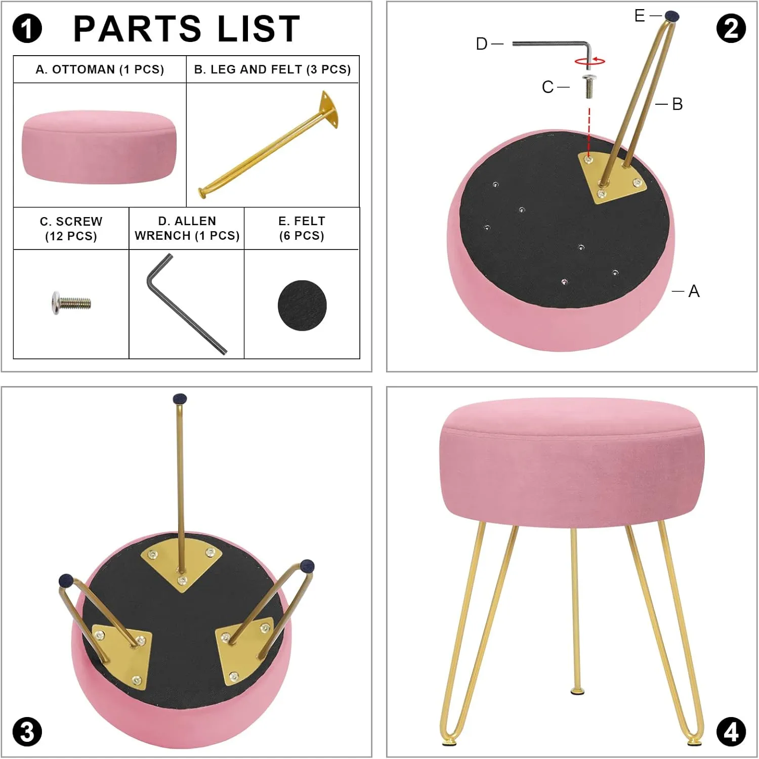 GERANT Multifunctional Vanity Stools - Velvet Round Ottoman Modern Dressing Stool -Upholstered Footrest Stool - Side Table Footstool with Golden Metal Leg for Living Room, Bedroom (Pink)