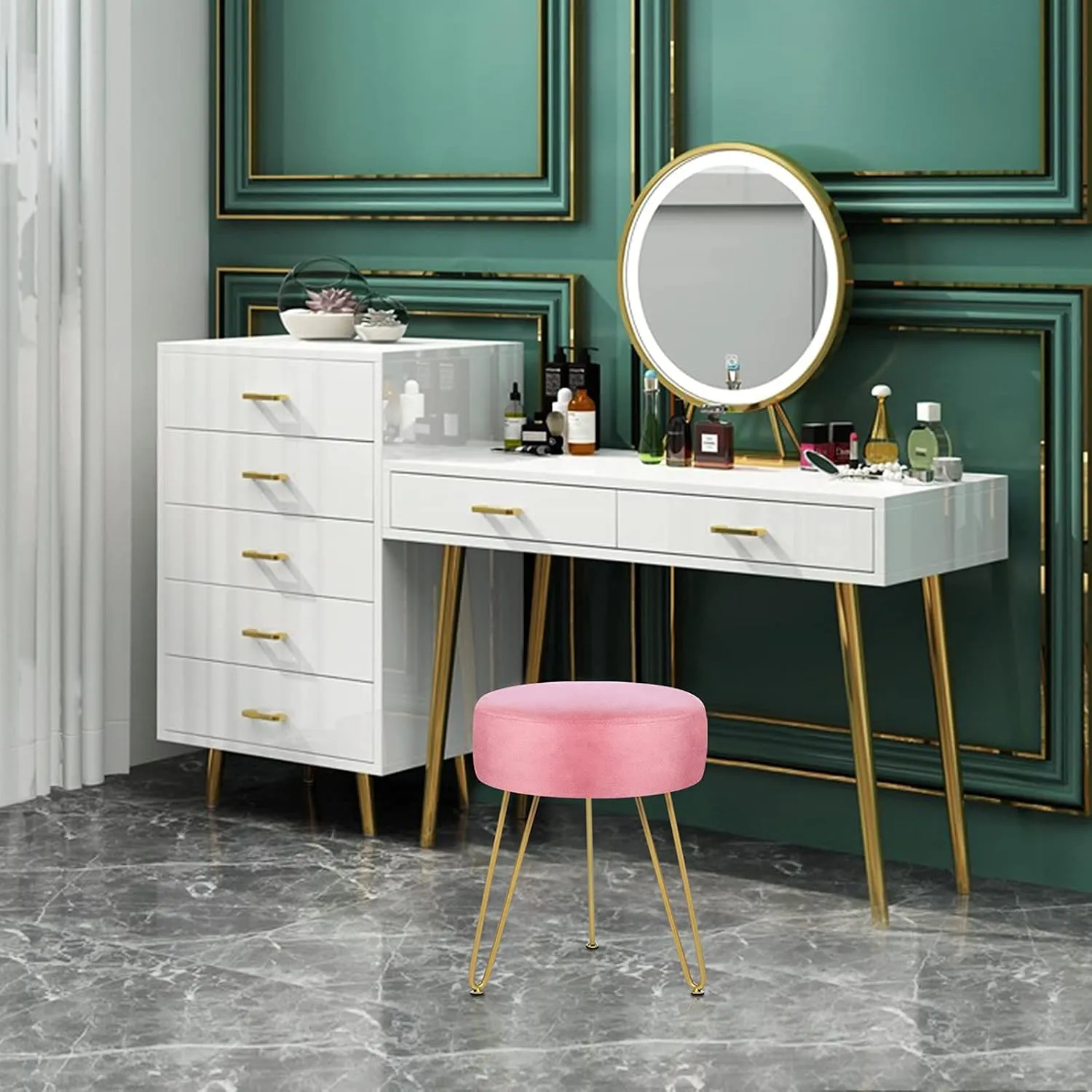 GERANT Multifunctional Vanity Stools - Velvet Round Ottoman Modern Dressing Stool -Upholstered Footrest Stool - Side Table Footstool with Golden Metal Leg for Living Room, Bedroom (Pink)