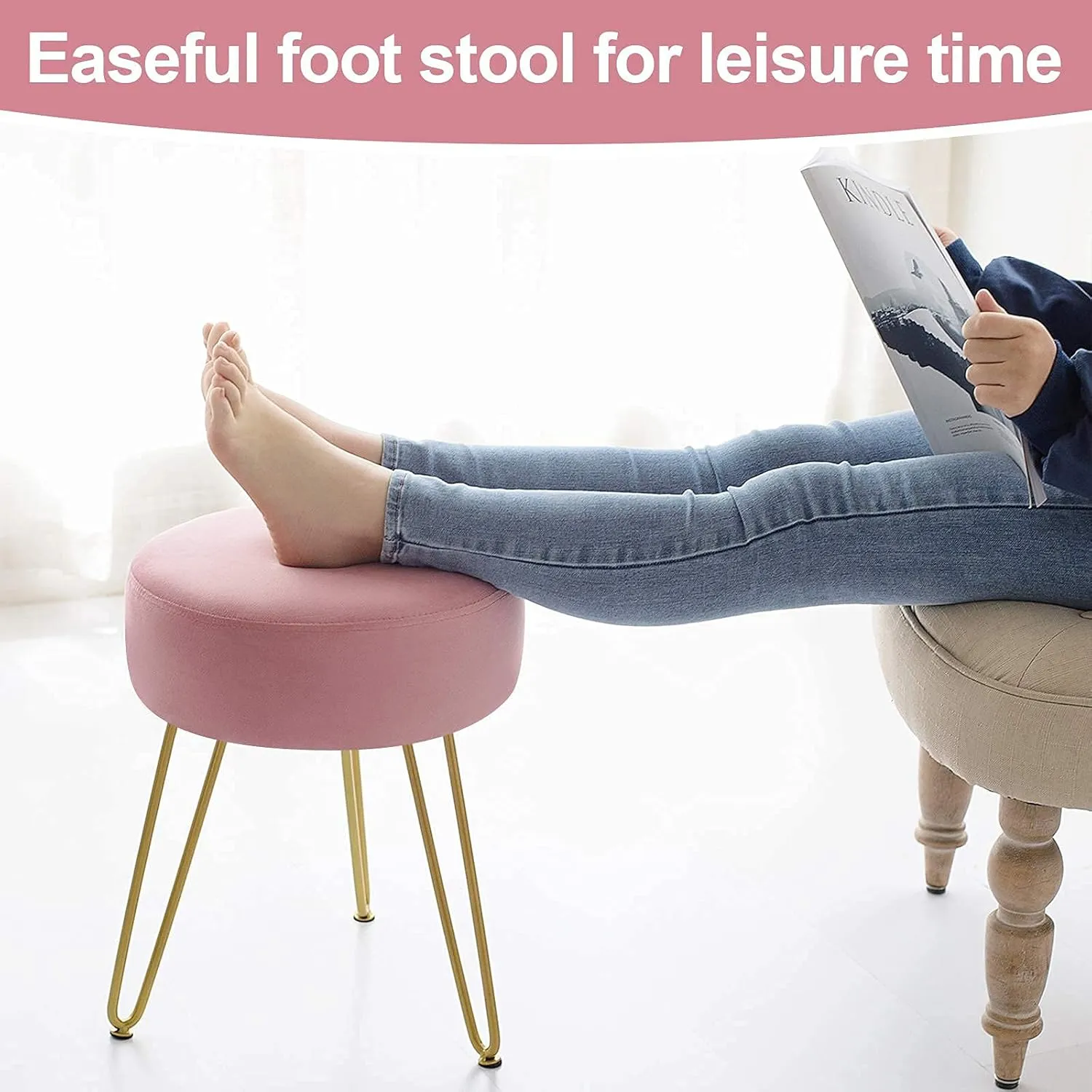 GERANT Multifunctional Vanity Stools - Velvet Round Ottoman Modern Dressing Stool -Upholstered Footrest Stool - Side Table Footstool with Golden Metal Leg for Living Room, Bedroom (Pink)