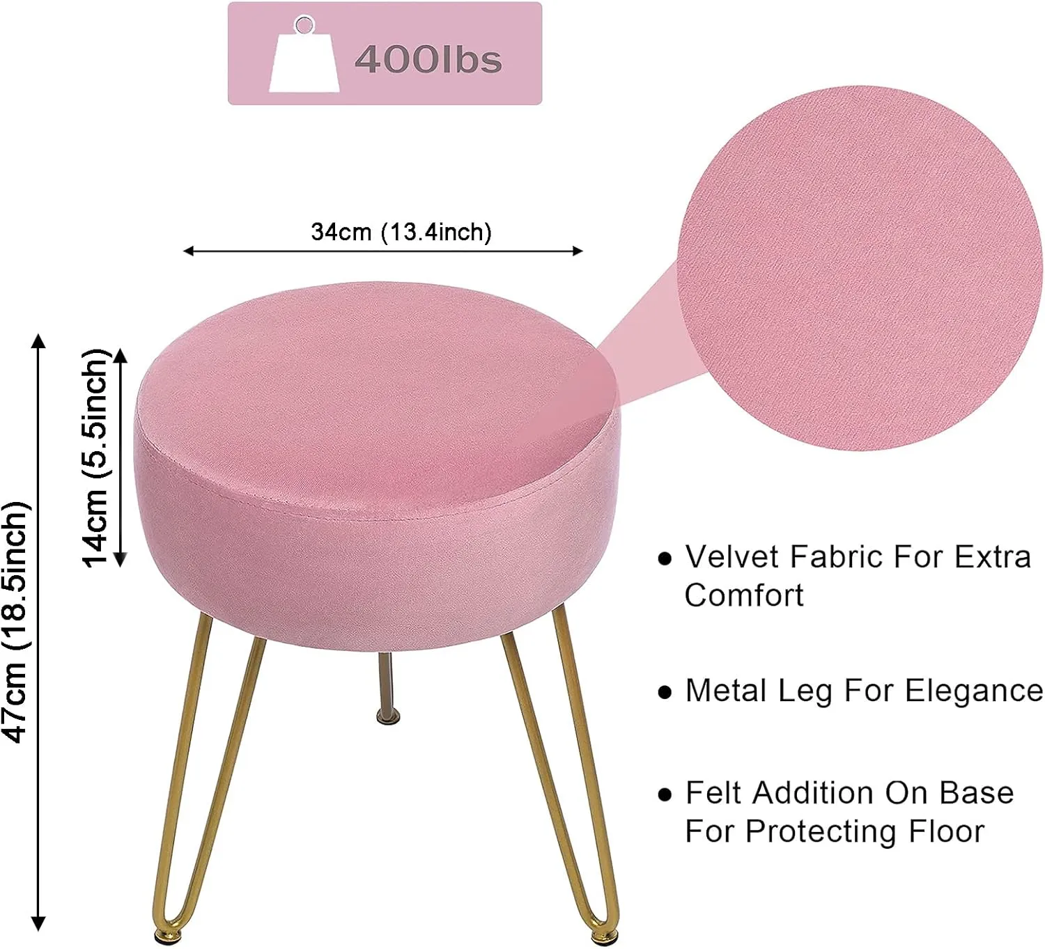 GERANT Multifunctional Vanity Stools - Velvet Round Ottoman Modern Dressing Stool -Upholstered Footrest Stool - Side Table Footstool with Golden Metal Leg for Living Room, Bedroom (Pink)