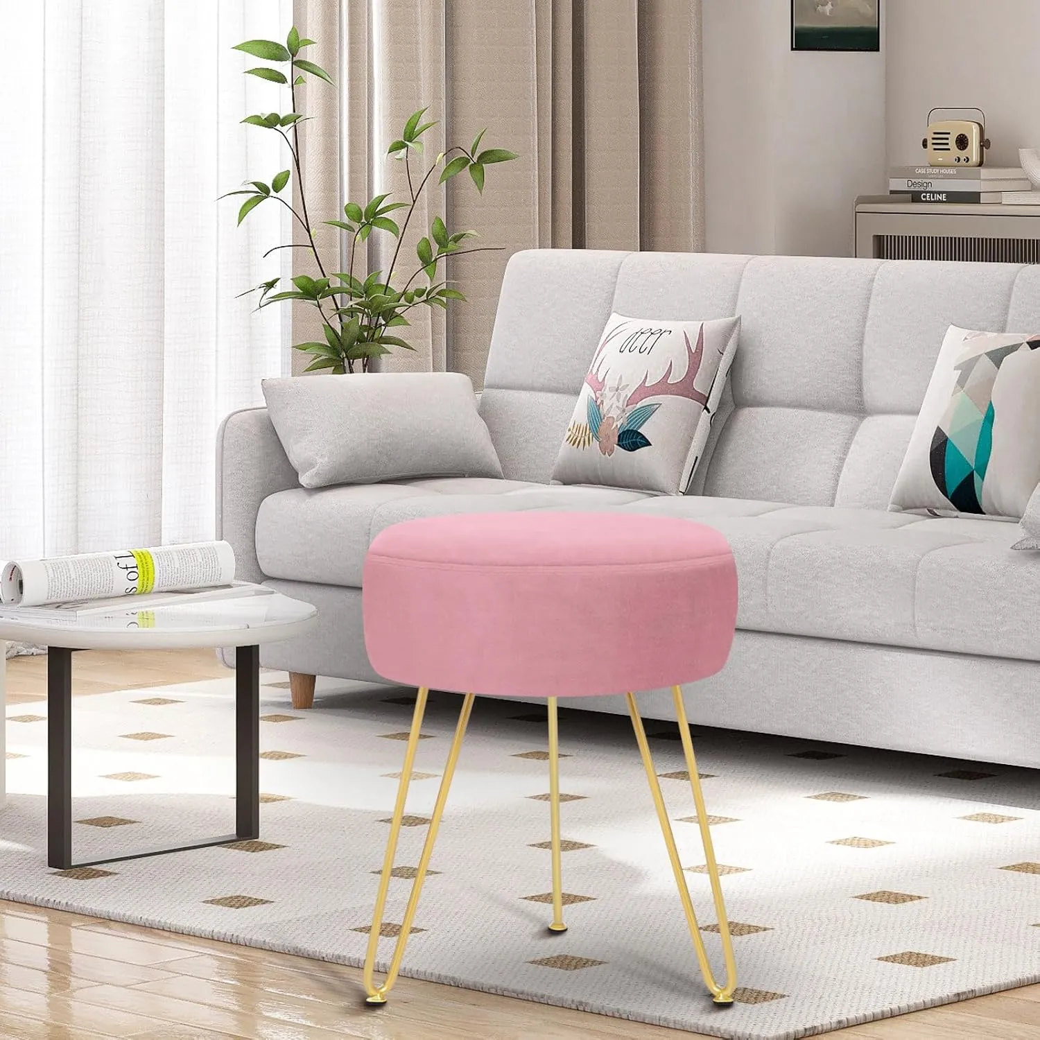 GERANT Multifunctional Vanity Stools - Velvet Round Ottoman Modern Dressing Stool -Upholstered Footrest Stool - Side Table Footstool with Golden Metal Leg for Living Room, Bedroom (Pink)