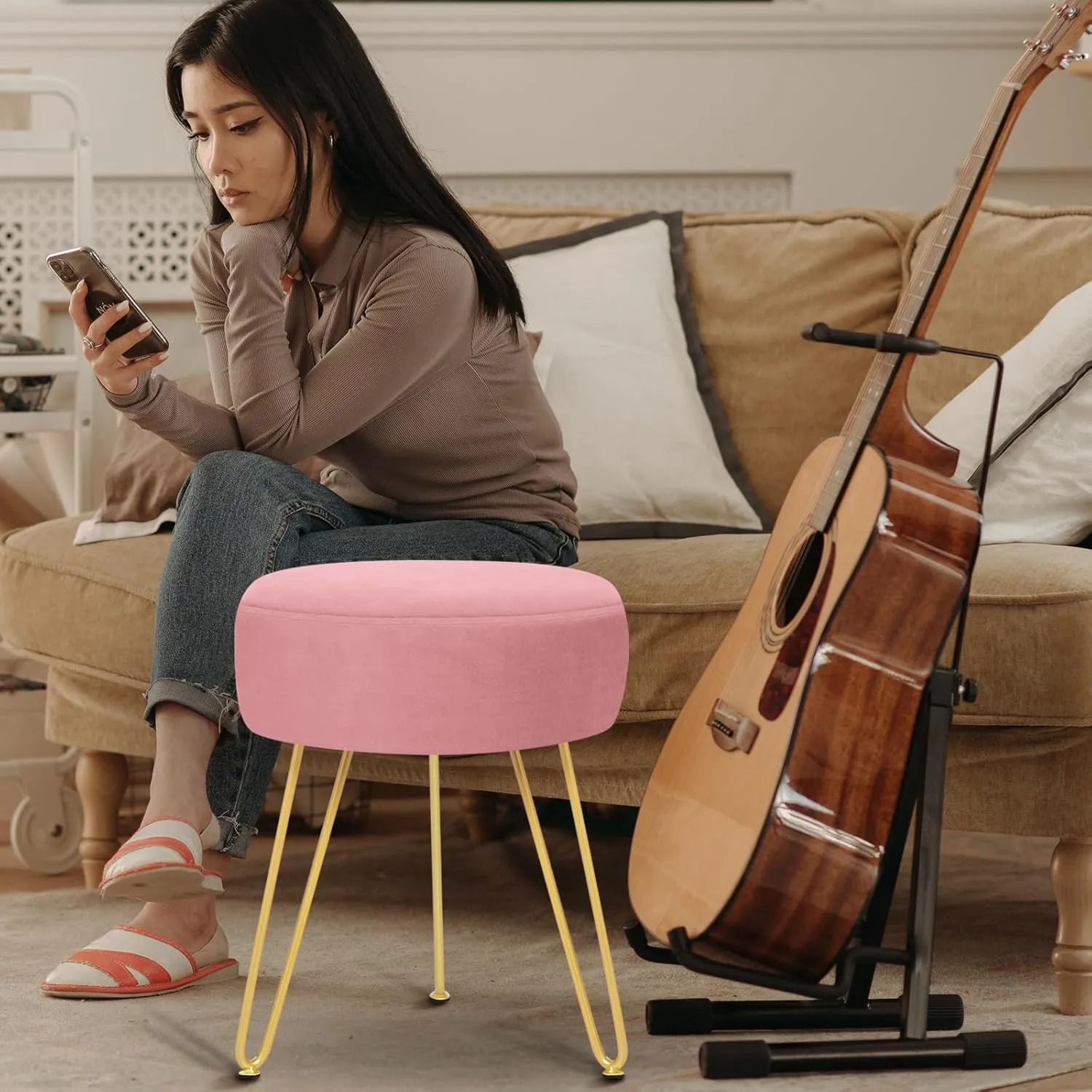 GERANT Multifunctional Vanity Stools - Velvet Round Ottoman Modern Dressing Stool -Upholstered Footrest Stool - Side Table Footstool with Golden Metal Leg for Living Room, Bedroom (Pink)