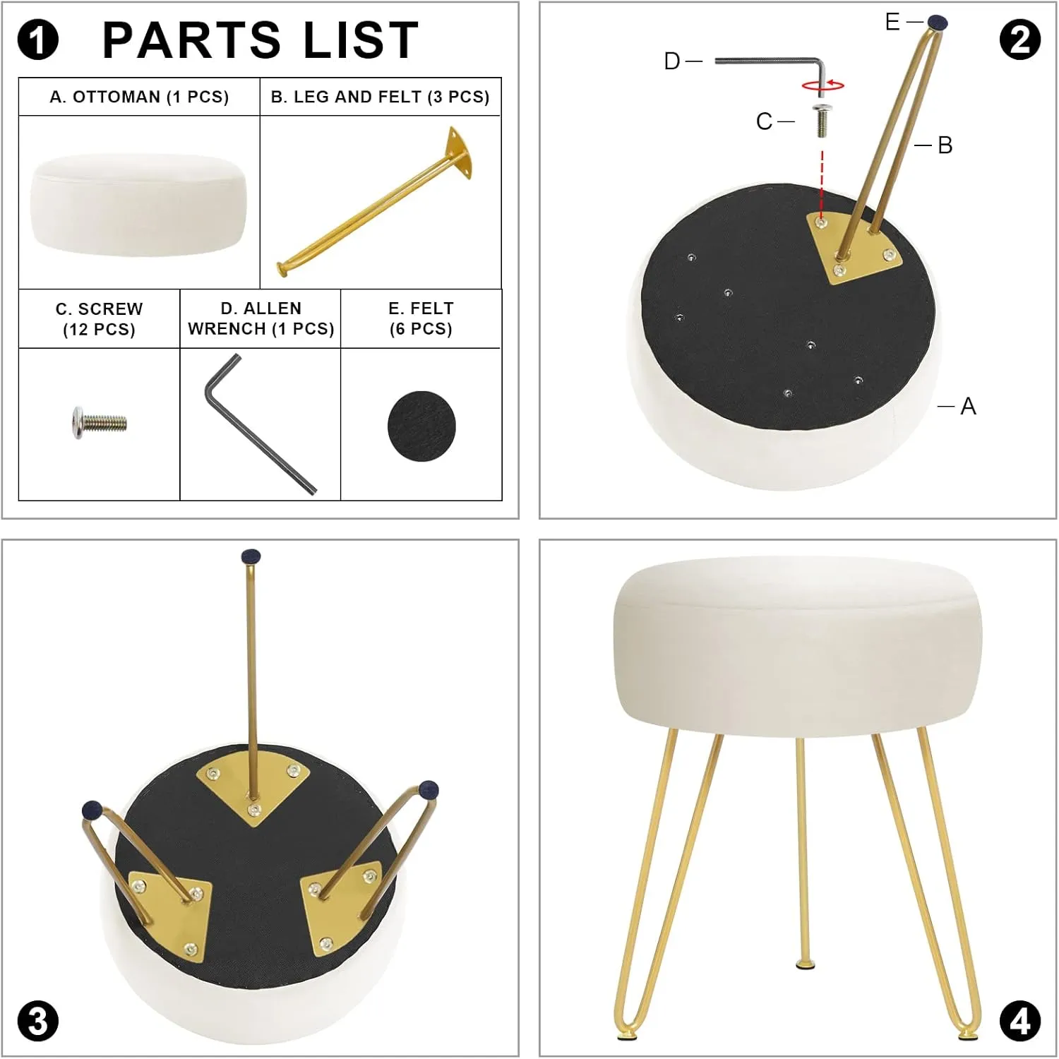 GERANT Multifunctional Vanity Stools - Velvet Round Ottoman Modern Dressing Stool -Upholstered Footrest Stool - Side Table Footstool with Golden Metal Leg for Living Room, Bedroom(Beige)