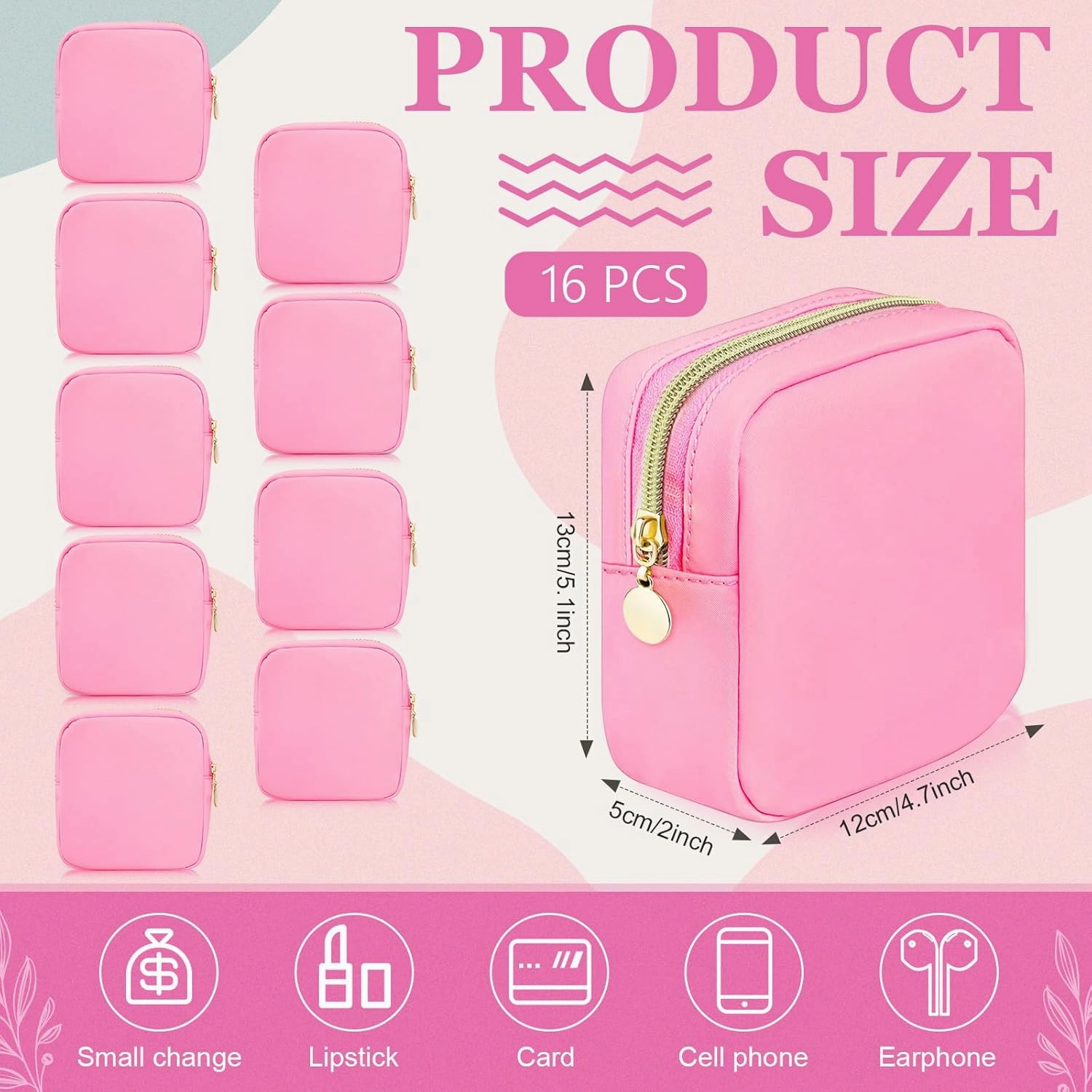 Giesiery 16 Pcs Preppy Makeup Bag Bulk Pink Mini Nylon Cosmetic Bag Blank DIY Craft Zipper Pouches for Makeup Cosmetic Toiletry Stationary Storage Purse Preppy Party Favors