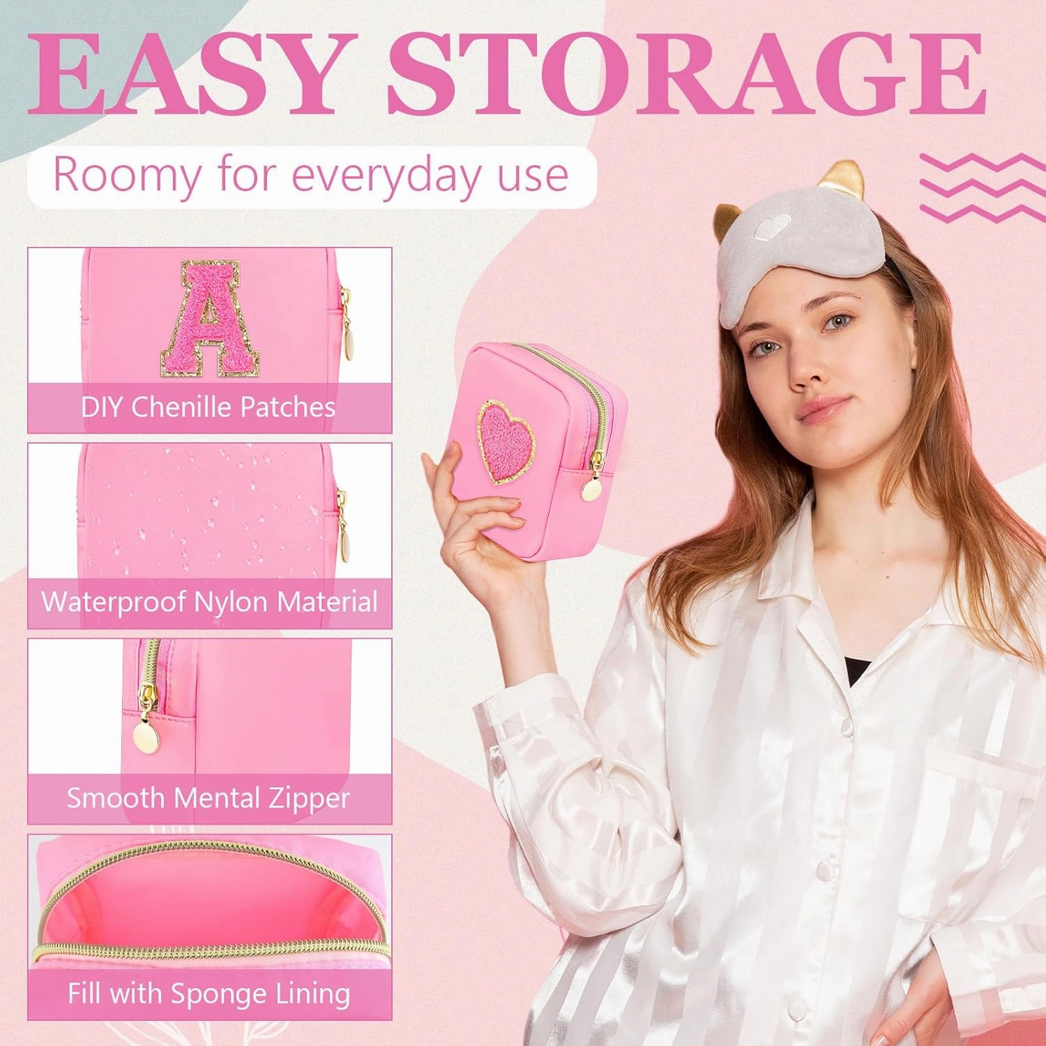 Giesiery 16 Pcs Preppy Makeup Bag Bulk Pink Mini Nylon Cosmetic Bag Blank DIY Craft Zipper Pouches for Makeup Cosmetic Toiletry Stationary Storage Purse Preppy Party Favors