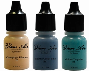 Glam Air Set of 3 Colors-Electric Cobalt Blue, Golden Turquoise & Champaign Shimmer Airbrush Water-based 0.25 Fl. Oz. Bottles of Eyeshadow
