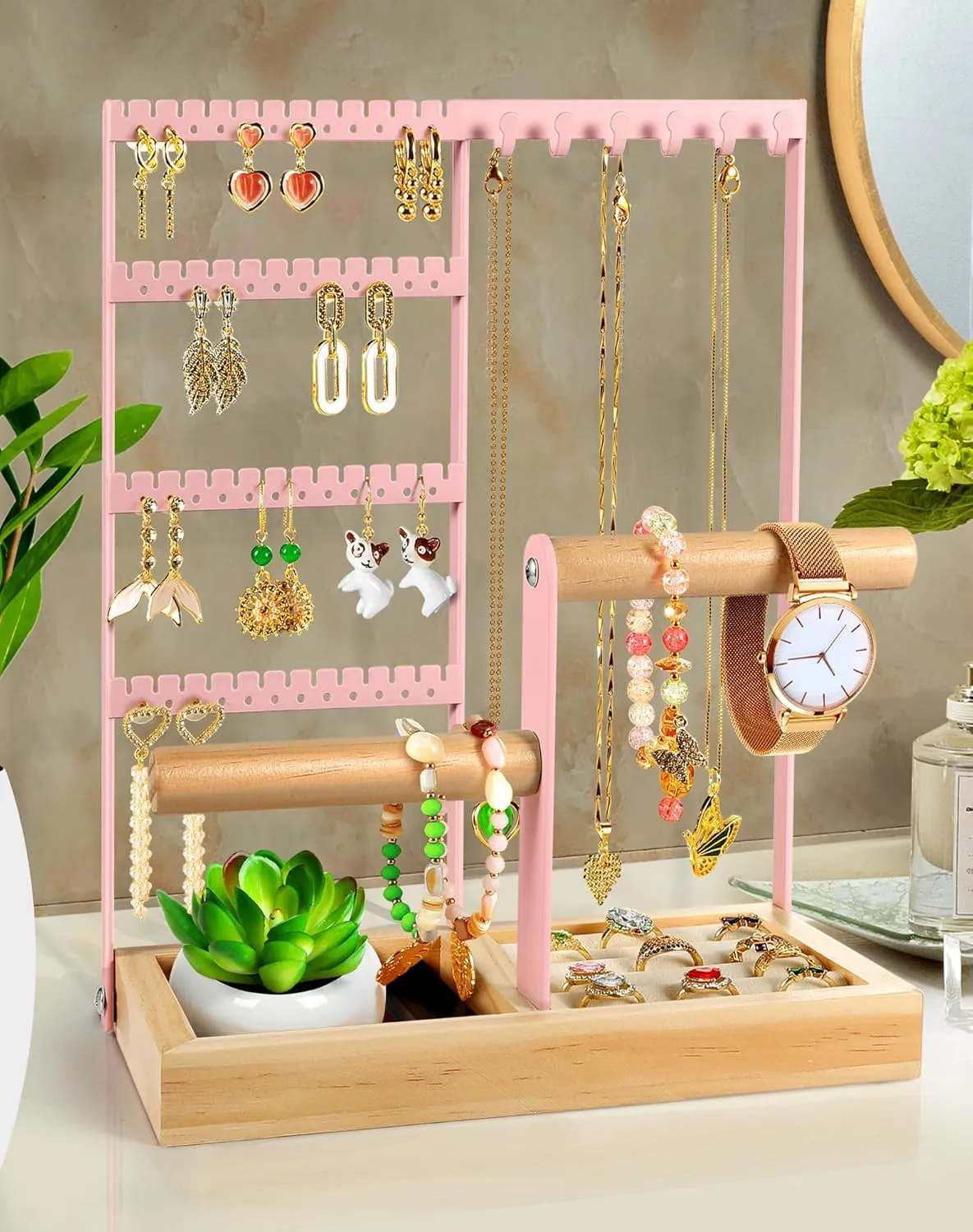 Godboat Jewelry Organizer - Earring Holder with 48 Holes, 6 Hooks Necklace Organizer, Bracelet and Ring Stand with Jewelry Box, Mothers Day Gifts for Women, Mom, Preppy Stuff & Room Decor, Pink