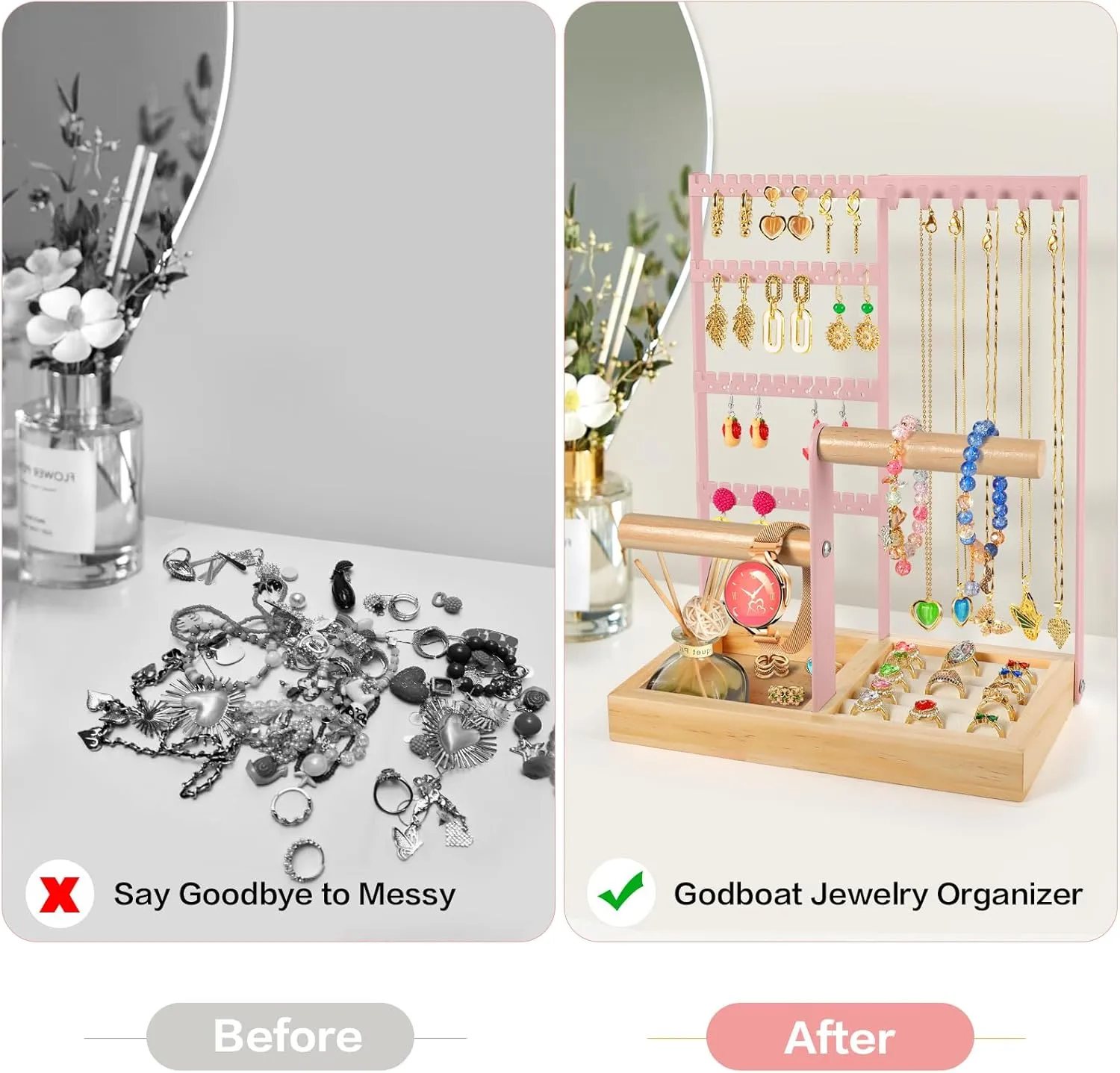 Godboat Jewelry Organizer - Earring Holder with 48 Holes, 6 Hooks Necklace Organizer, Bracelet and Ring Stand with Jewelry Box, Mothers Day Gifts for Women, Mom, Preppy Stuff & Room Decor, Pink