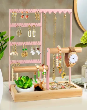 Godboat Jewelry Organizer - Earring Holder with 48 Holes, 6 Hooks Necklace Organizer, Bracelet and Ring Stand with Jewelry Box, Mothers Day Gifts for Women, Mom, Preppy Stuff & Room Decor, Pink