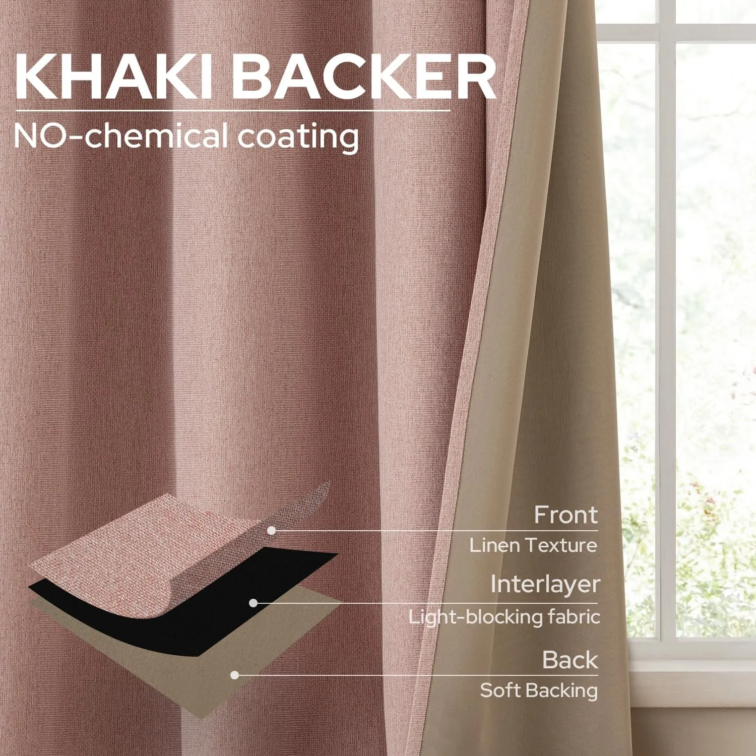 HOMEIDEAS 100% Blackout Curtains 2 Panels Blush Pink Linen Room Darkening Curtains 52 X 84 Inches Thermal Insulated Grommet Window Drapes with Liner for Living Room, Bedroom