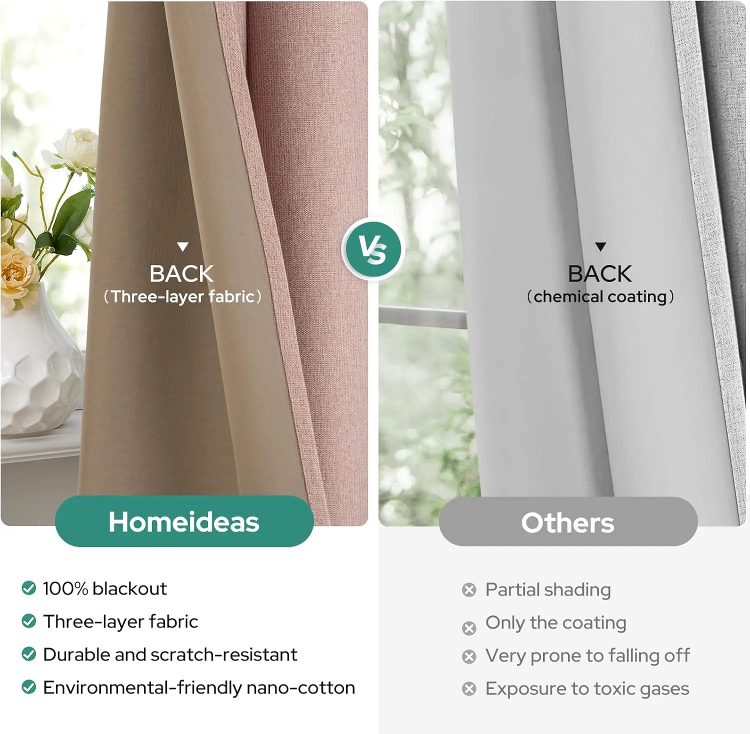HOMEIDEAS 100% Blackout Curtains 2 Panels Blush Pink Linen Room Darkening Curtains 52 X 84 Inches Thermal Insulated Grommet Window Drapes with Liner for Living Room, Bedroom