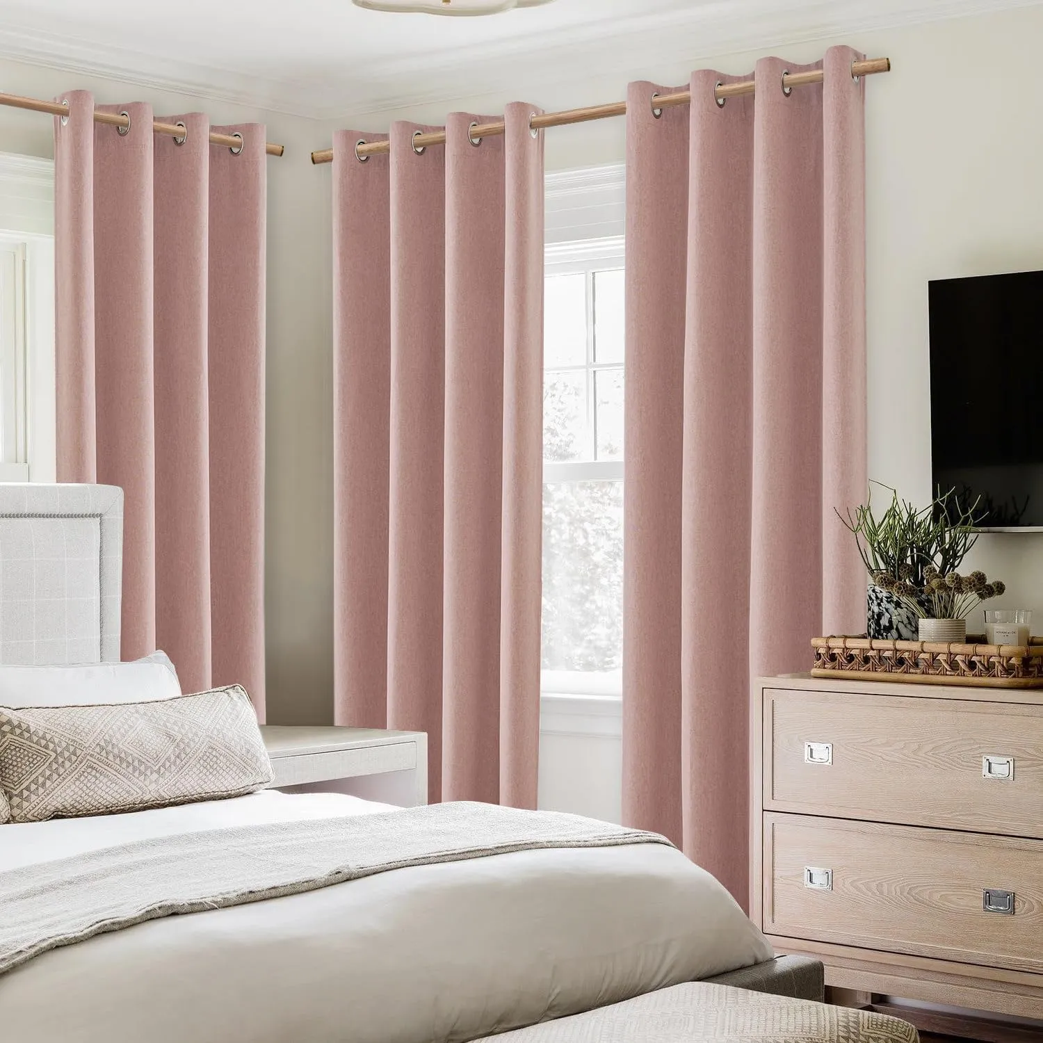 HOMEIDEAS 100% Blackout Curtains 2 Panels Blush Pink Linen Room Darkening Curtains 52 X 84 Inches Thermal Insulated Grommet Window Drapes with Liner for Living Room, Bedroom
