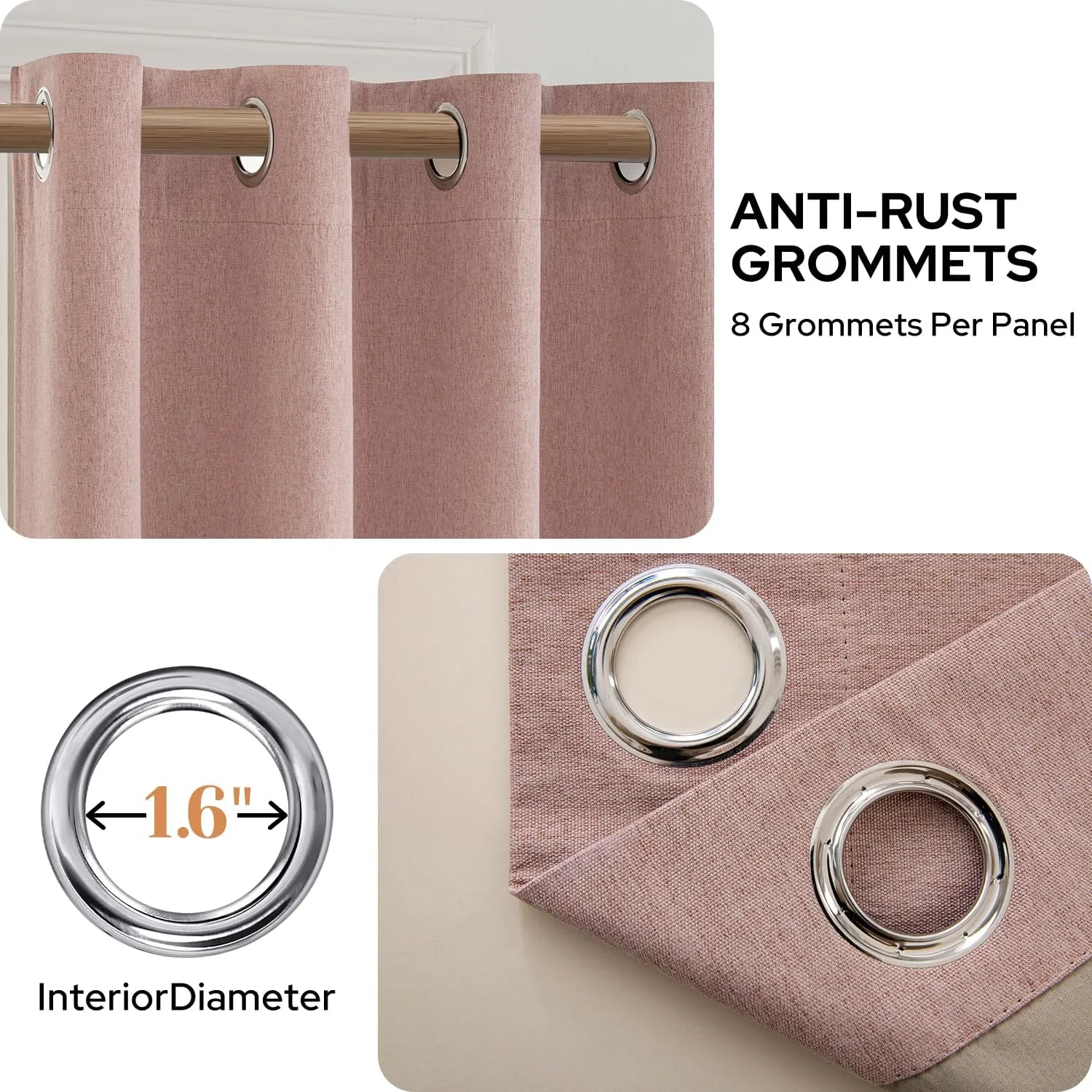 HOMEIDEAS 100% Blackout Curtains 2 Panels Blush Pink Linen Room Darkening Curtains 52 X 84 Inches Thermal Insulated Grommet Window Drapes with Liner for Living Room, Bedroom