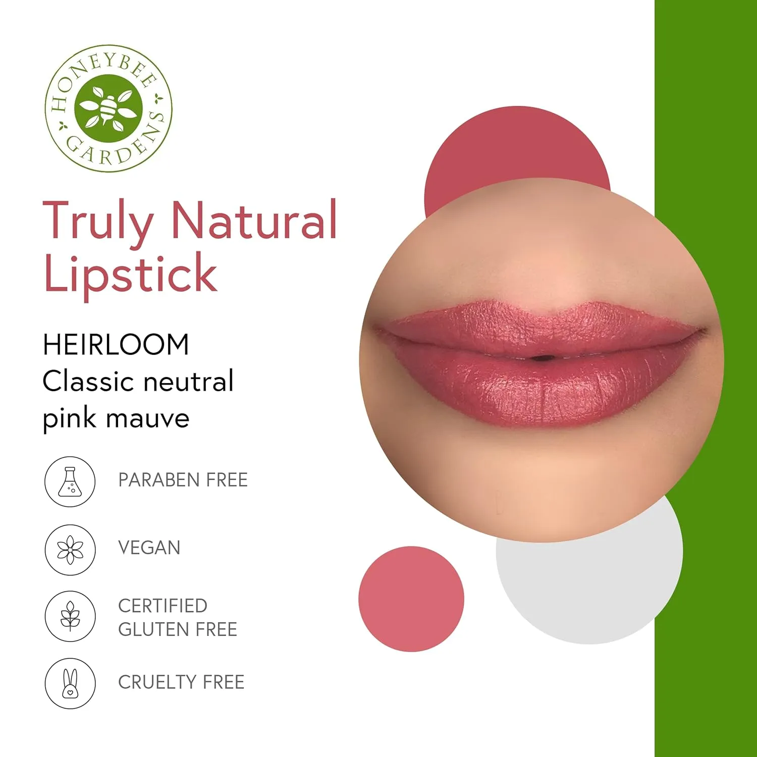 Honeybee Gardens Truly Natural Long Lasting Lipstick, Heirloom Lipstick, Classic Pink Mauve Neutral, Naturally Hydrating & Nourishing, Vegan, Gluten-Free & Cruelty-Free, 0.13 oz / 3.8 g