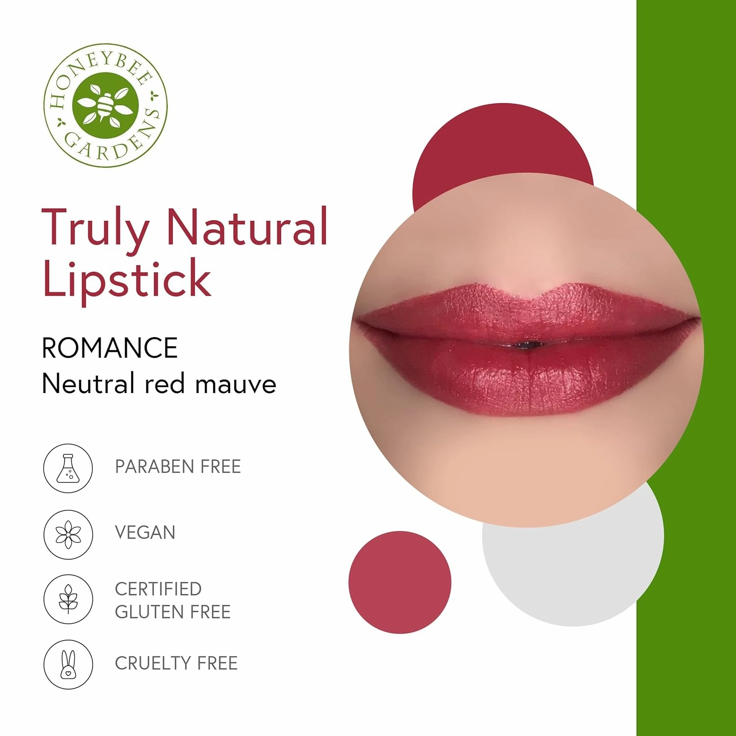 Honeybee Gardens Truly Natural Long Lasting Lipstick, Romance, Medium Neutral Mauve with Red Undertones, Naturally Hydrating & Nourishing, Vegan, Gluten-Free & Cruelty-Free, 0.13 oz / 3.8 g