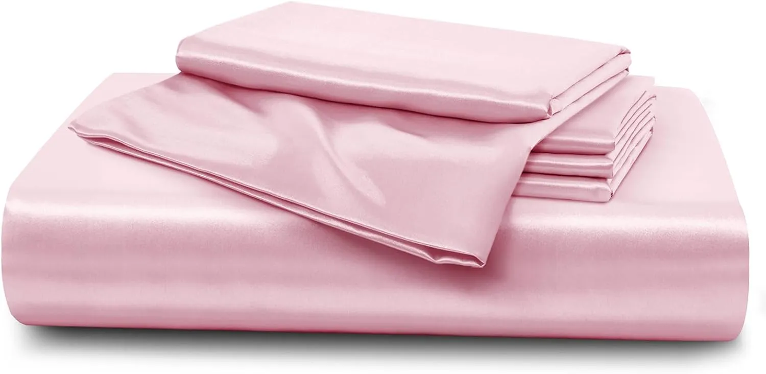 Horbaunal 5 Pieces Satin Duvet Cover Set Queen/Full Size Blush Pink Duvet Cover with Corner Ties & Zipper Closure, Luxury & Silky Bedding Set, 1 Duvet Cover and 4 Pillowcases (No Comforter)