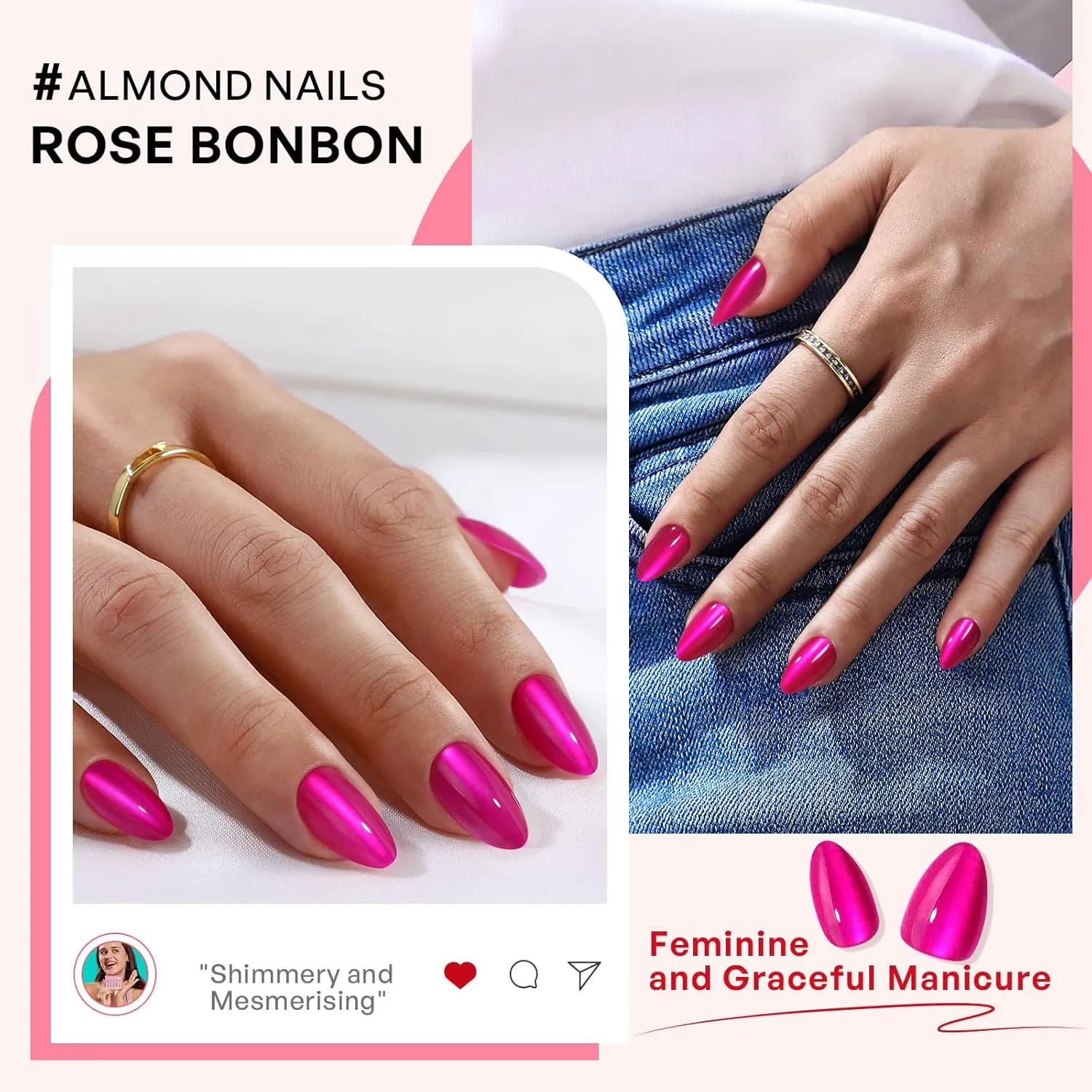 Hot Pink Press on Nails Cateye - GJZEZ Soft Gel Cat Eye Stick on Nails, Short Almond Press Ons, Bright Neon Pink Salon Grade Fake Nails | 16 Sizes - 32 pcs Reusable Summer Prom Nails, Rose Bonbon