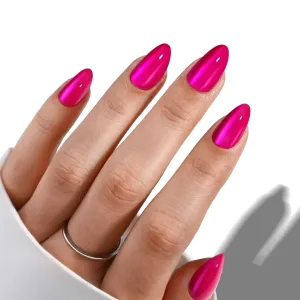 Hot Pink Press on Nails Cateye - GJZEZ Soft Gel Cat Eye Stick on Nails, Short Almond Press Ons, Bright Neon Pink Salon Grade Fake Nails | 16 Sizes - 32 pcs Reusable Summer Prom Nails, Rose Bonbon