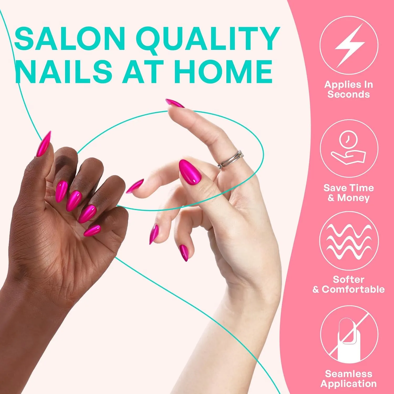 Hot Pink Press on Nails Cateye - GJZEZ Soft Gel Cat Eye Stick on Nails, Short Almond Press Ons, Bright Neon Pink Salon Grade Fake Nails | 16 Sizes - 32 pcs Reusable Summer Prom Nails, Rose Bonbon