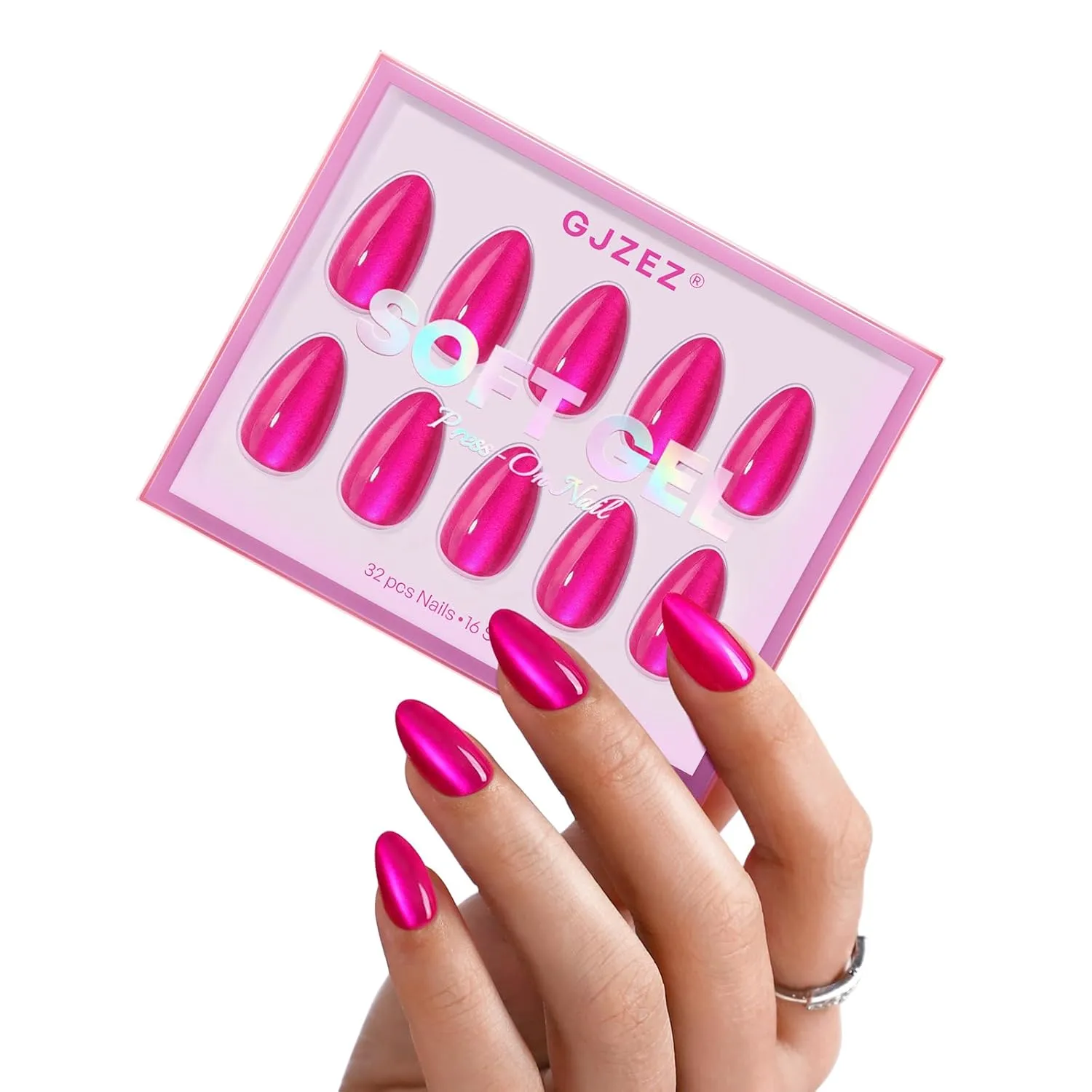Hot Pink Press on Nails Cateye - GJZEZ Soft Gel Cat Eye Stick on Nails, Short Almond Press Ons, Bright Neon Pink Salon Grade Fake Nails | 16 Sizes - 32 pcs Reusable Summer Prom Nails, Rose Bonbon