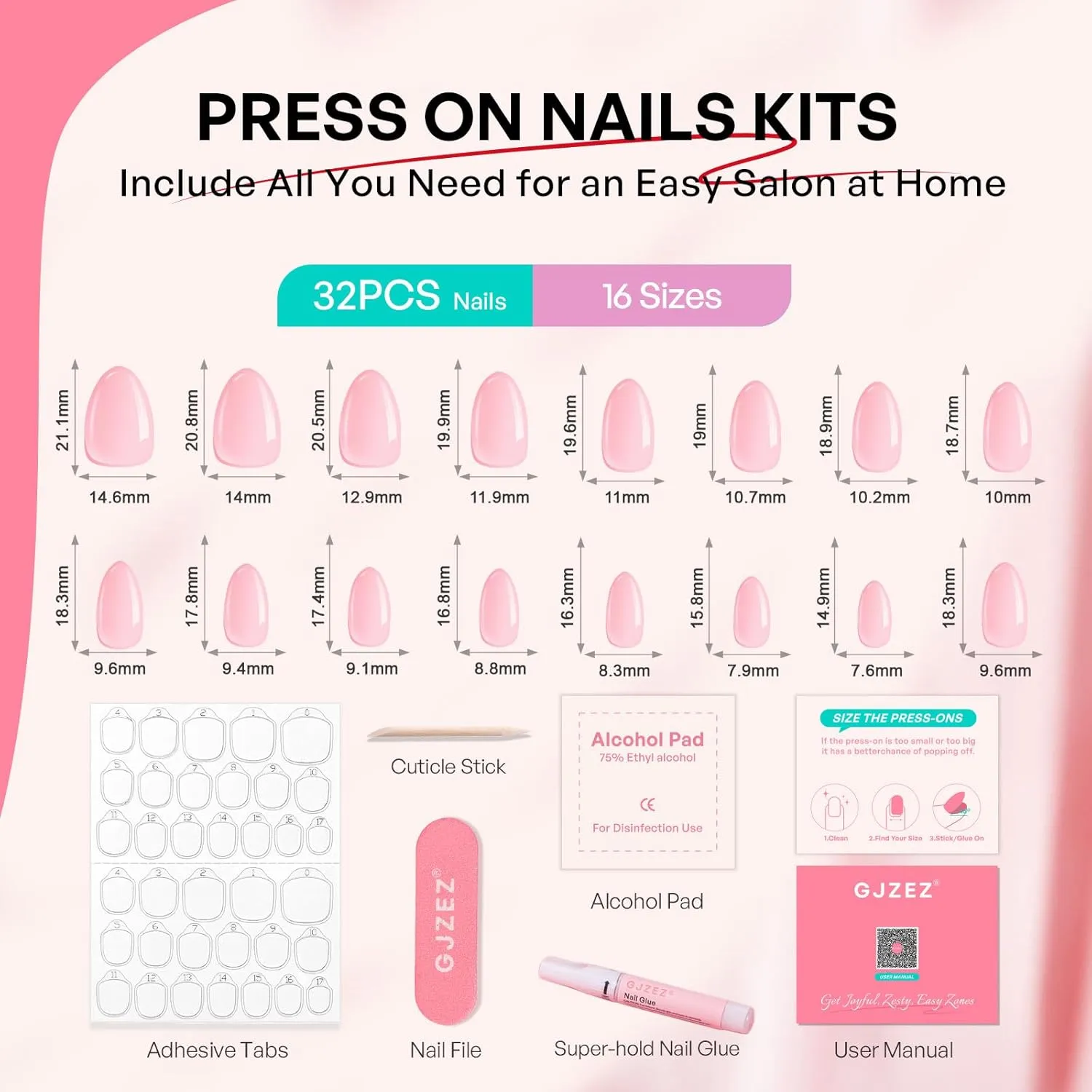 Hot Pink Press on Nails Cateye - GJZEZ Soft Gel Cat Eye Stick on Nails, Short Almond Press Ons, Bright Neon Pink Salon Grade Fake Nails | 16 Sizes - 32 pcs Reusable Summer Prom Nails, Rose Bonbon