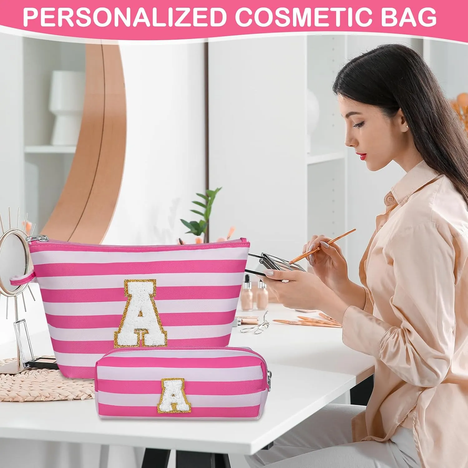Initial Makeup Bag Set, Personalized Stripe Cosmetic Bag, Waterproof Travel Toiletry Bag, Cute Makeup Pouch for Women Preppy Teen Girls Gift Trendy Stuff Gift (Pink S)