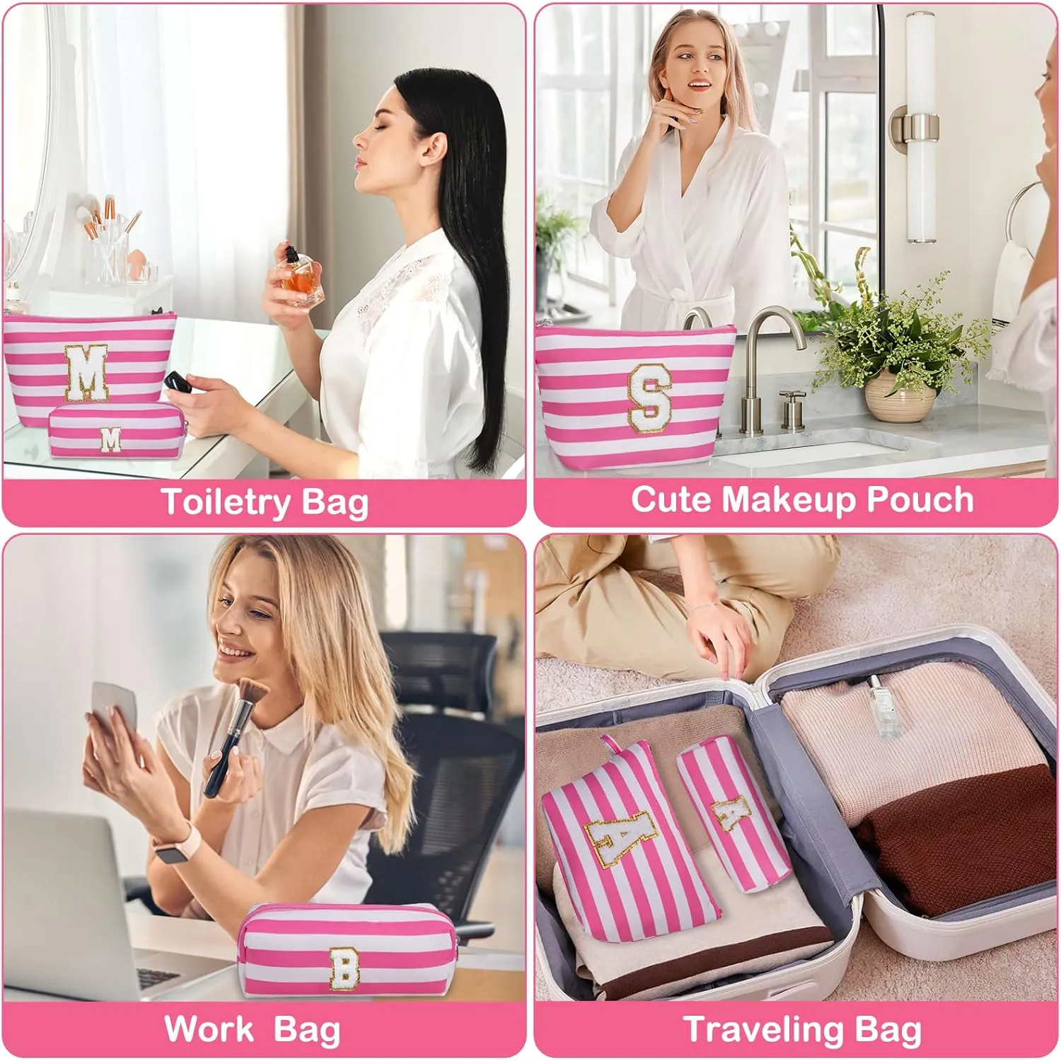 Initial Makeup Bag Set, Personalized Stripe Cosmetic Bag, Waterproof Travel Toiletry Bag, Cute Makeup Pouch for Women Preppy Teen Girls Gift Trendy Stuff Gift (Pink S)
