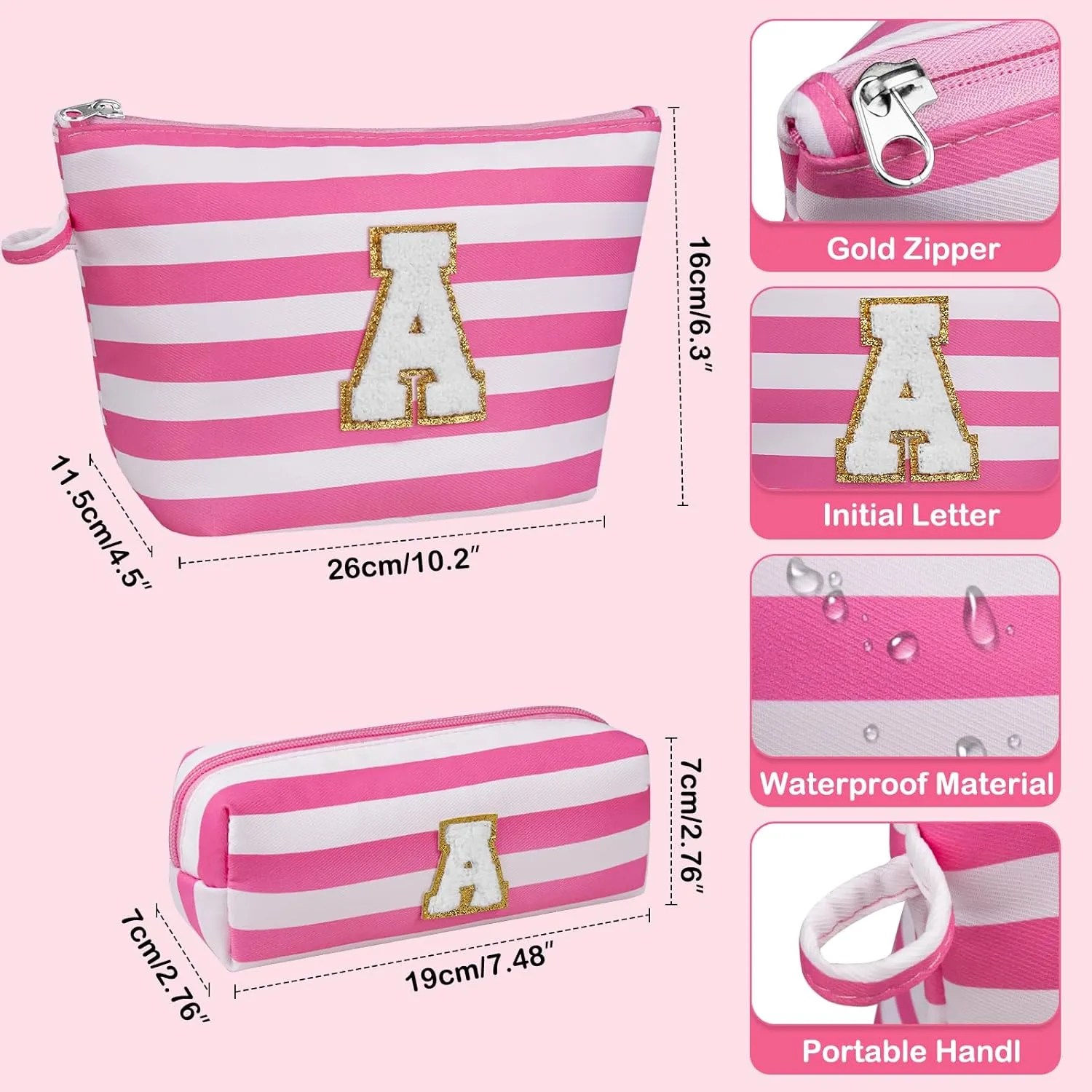 Initial Makeup Bag Set, Personalized Stripe Cosmetic Bag, Waterproof Travel Toiletry Bag, Cute Makeup Pouch for Women Preppy Teen Girls Gift Trendy Stuff Gift (Pink S)