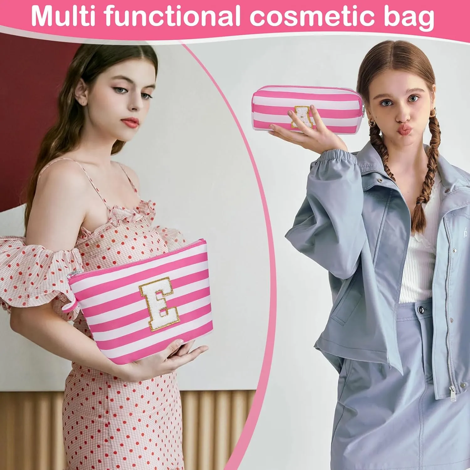 Initial Makeup Bag Set, Personalized Stripe Cosmetic Bag, Waterproof Travel Toiletry Bag, Cute Makeup Pouch for Women Preppy Teen Girls Gift Trendy Stuff Gift (Pink S)