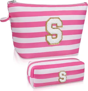 Initial Makeup Bag Set, Personalized Stripe Cosmetic Bag, Waterproof Travel Toiletry Bag, Cute Makeup Pouch for Women Preppy Teen Girls Gift Trendy Stuff Gift (Pink S)