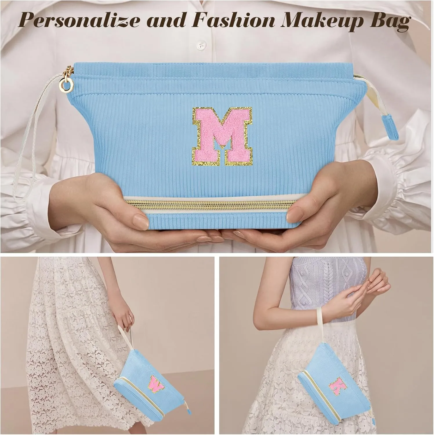 Initial Travel Makeup Bag for Women, Personalized Gift Large Double Layer Make Up Gift Cute Cosmetic Bag for Girl Makeup Pouch Wide-open Roomy Makeup Travel Bags Birthday Gifts for Her Blue - A