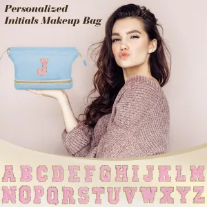 Initial Travel Makeup Bag for Women, Personalized Gift Large Double Layer Make Up Gift Cute Cosmetic Bag for Girl Makeup Pouch Wide-open Roomy Makeup Travel Bags Birthday Gifts for Her Blue - A