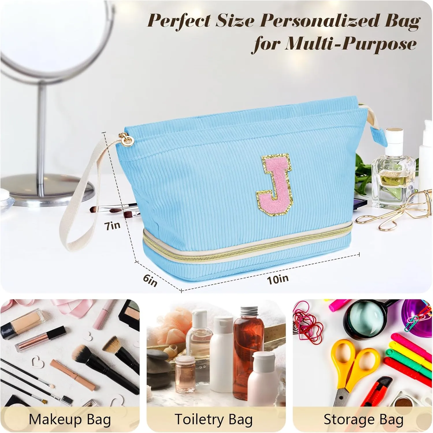 Initial Travel Makeup Bag for Women, Personalized Gift Large Double Layer Make Up Gift Cute Cosmetic Bag for Girl Makeup Pouch Wide-open Roomy Makeup Travel Bags Birthday Gifts for Her Blue - A
