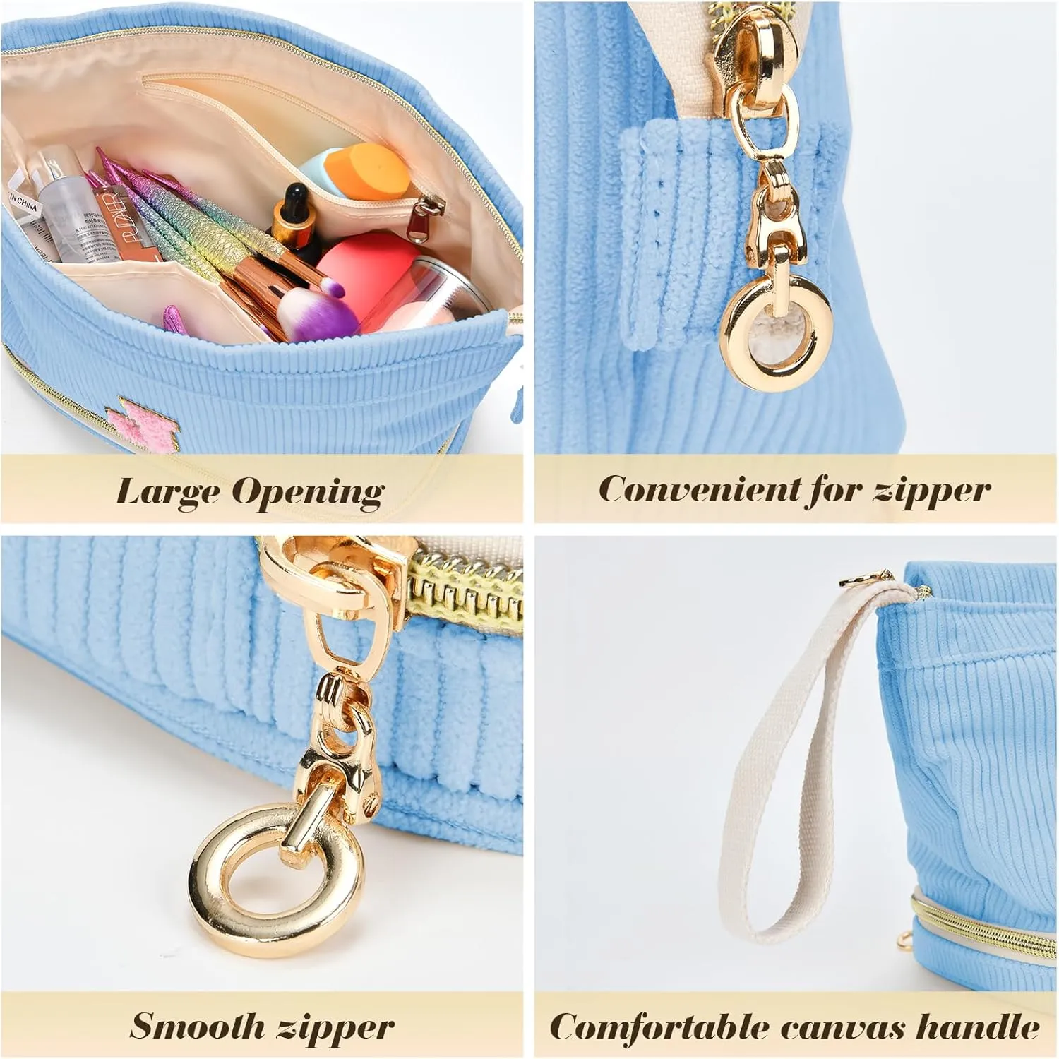 Initial Travel Makeup Bag for Women, Personalized Gift Large Double Layer Make Up Gift Cute Cosmetic Bag for Girl Makeup Pouch Wide-open Roomy Makeup Travel Bags Birthday Gifts for Her Blue - A