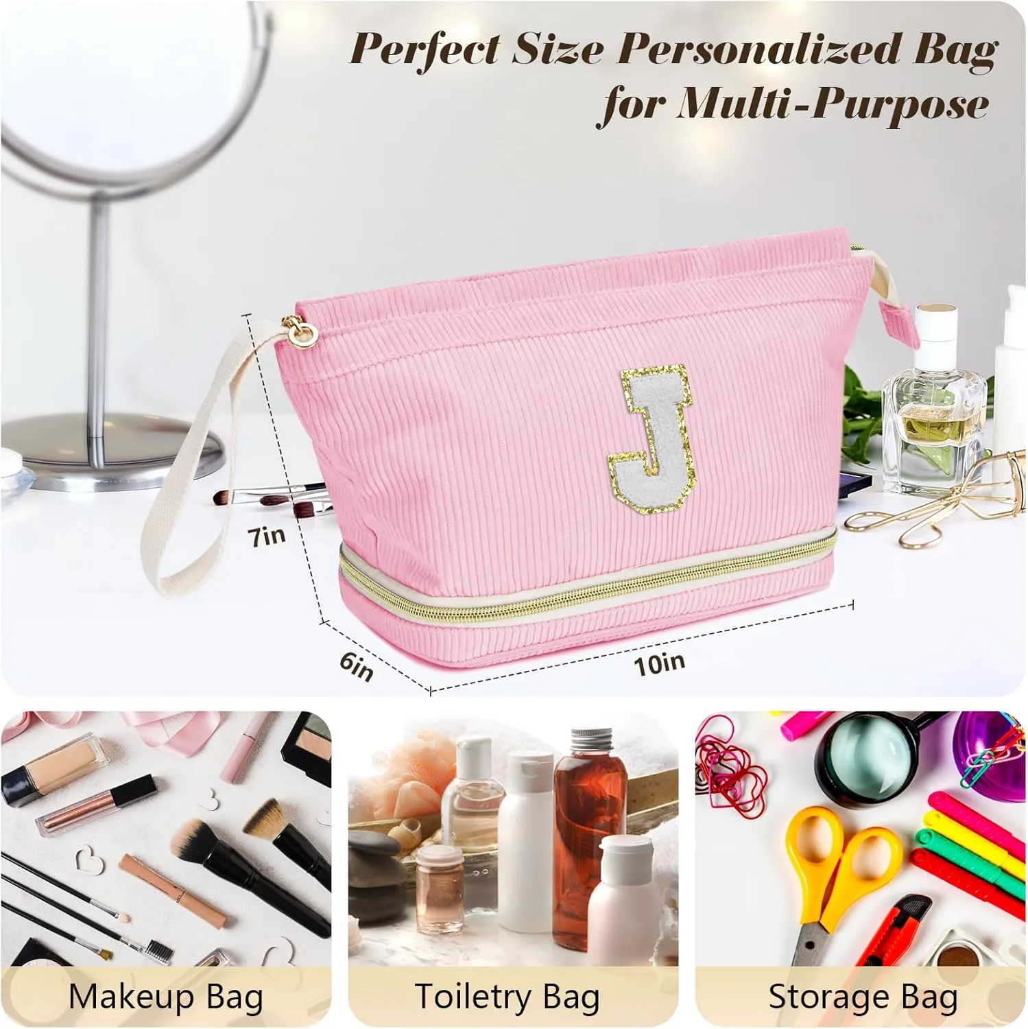 Initial Travel Makeup Bag for Women, Personalized Gift Large Double Layer Make Up Gift Cute Cosmetic Bag for Girl Makeup Pouch Wide-open Roomy Makeup Travel Bags Birthday Gifts for Her Pink - A