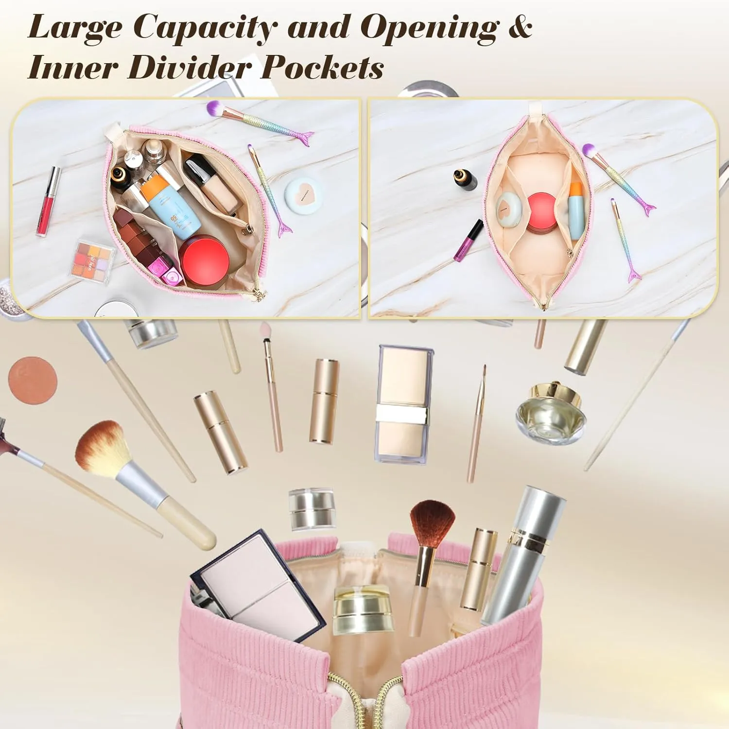 Initial Travel Makeup Bag for Women, Personalized Gift Large Double Layer Make Up Gift Cute Cosmetic Bag for Girl Makeup Pouch Wide-open Roomy Makeup Travel Bags Birthday Gifts for Her Pink - A