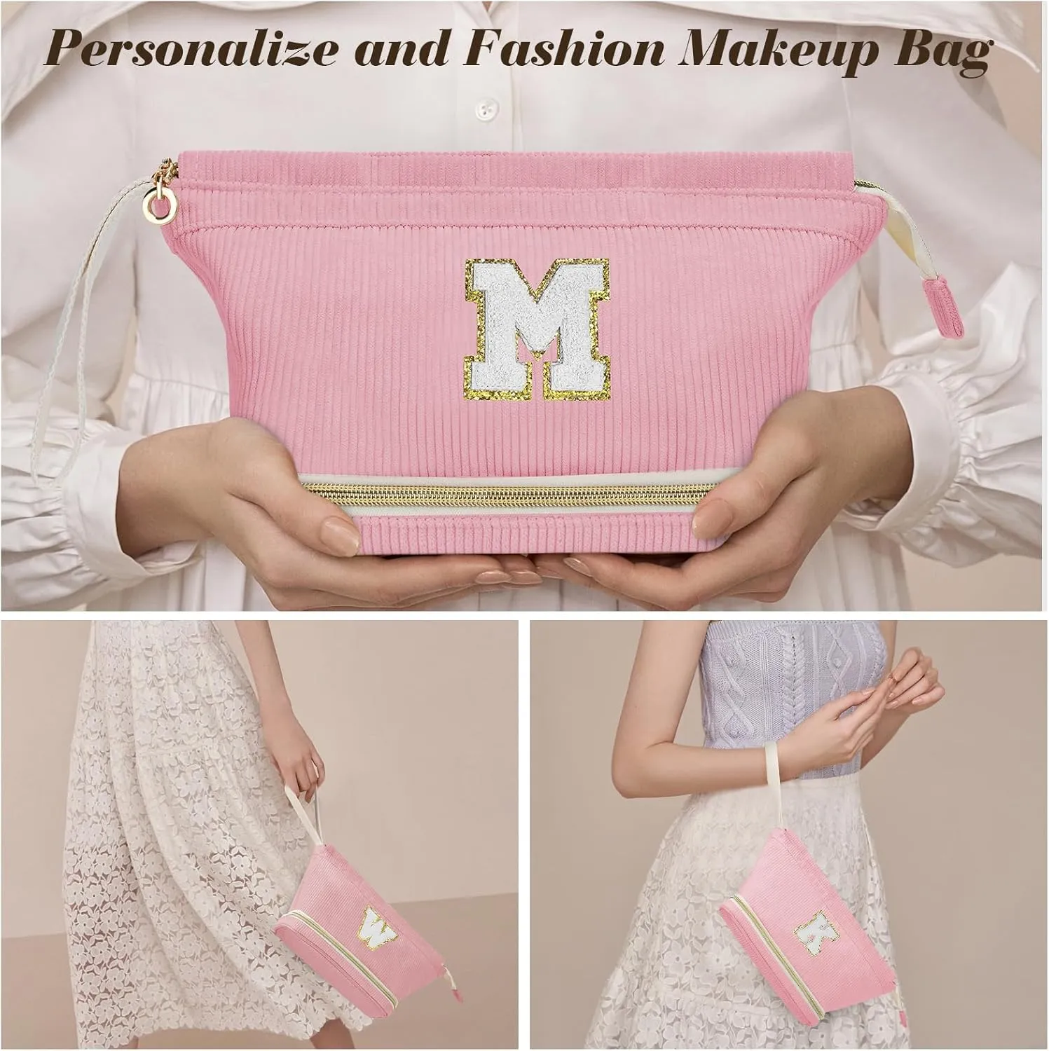 Initial Travel Makeup Bag for Women, Personalized Gift Large Double Layer Make Up Gift Cute Cosmetic Bag for Girl Makeup Pouch Wide-open Roomy Makeup Travel Bags Birthday Gifts for Her Pink - A