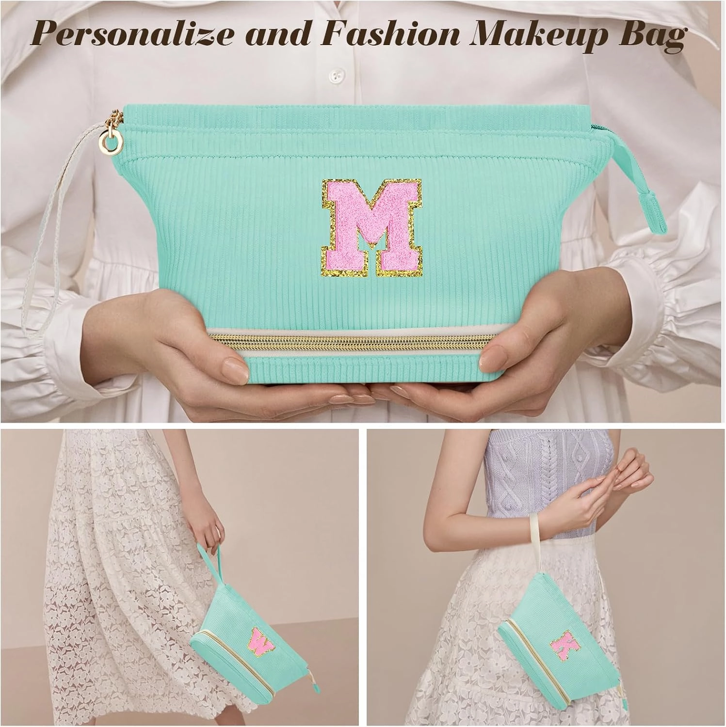 Initial Travel Makeup Bag for Women, Personalized Gift Large Double Layer Make Up Gift Cute Cosmetic Bag for Girl Makeup Pouch Wide-open Roomy Makeup Travel Bags Birthday Gifts for Her Green - D