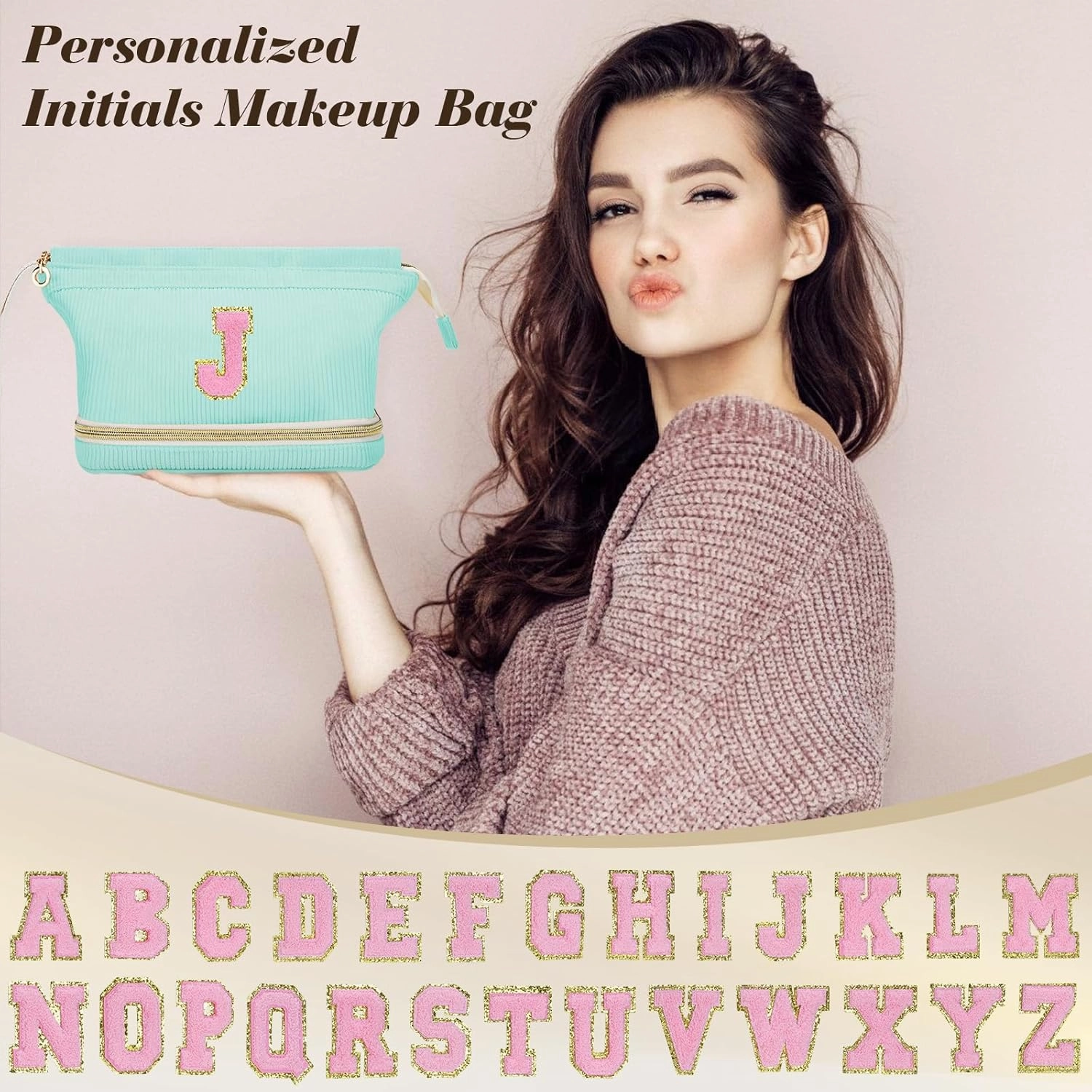 Initial Travel Makeup Bag for Women, Personalized Gift Large Double Layer Make Up Gift Cute Cosmetic Bag for Girl Makeup Pouch Wide-open Roomy Makeup Travel Bags Birthday Gifts for Her Green - D