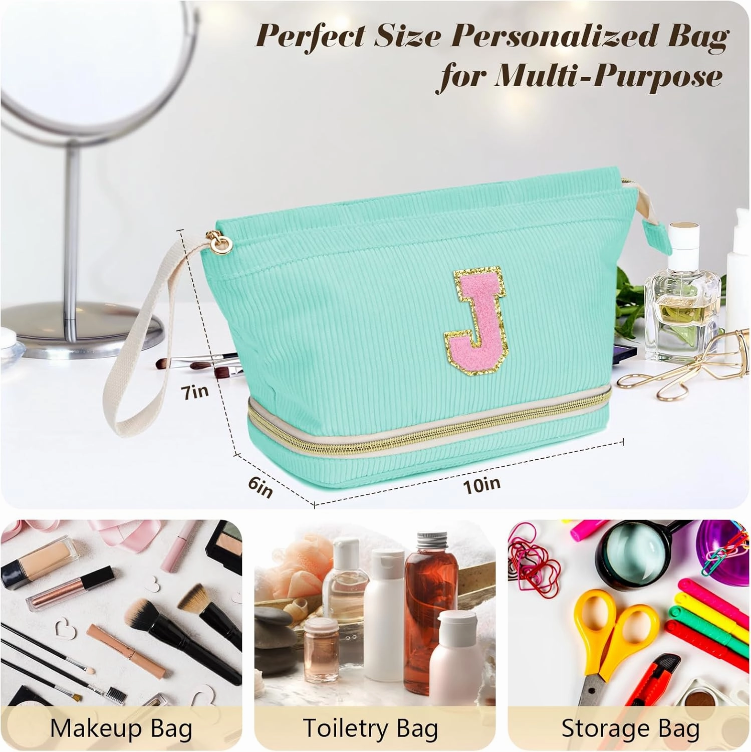Initial Travel Makeup Bag for Women, Personalized Gift Large Double Layer Make Up Gift Cute Cosmetic Bag for Girl Makeup Pouch Wide-open Roomy Makeup Travel Bags Birthday Gifts for Her Green - D