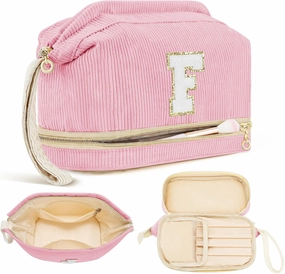 Initial Travel Makeup Bag for Women, Personalized Gift Large Double Layer Make Up Gift Cute Cosmetic Bag for Girl Makeup Pouch Wide-open Roomy Makeup Travel Bags Birthday Gifts for Her Pink - F