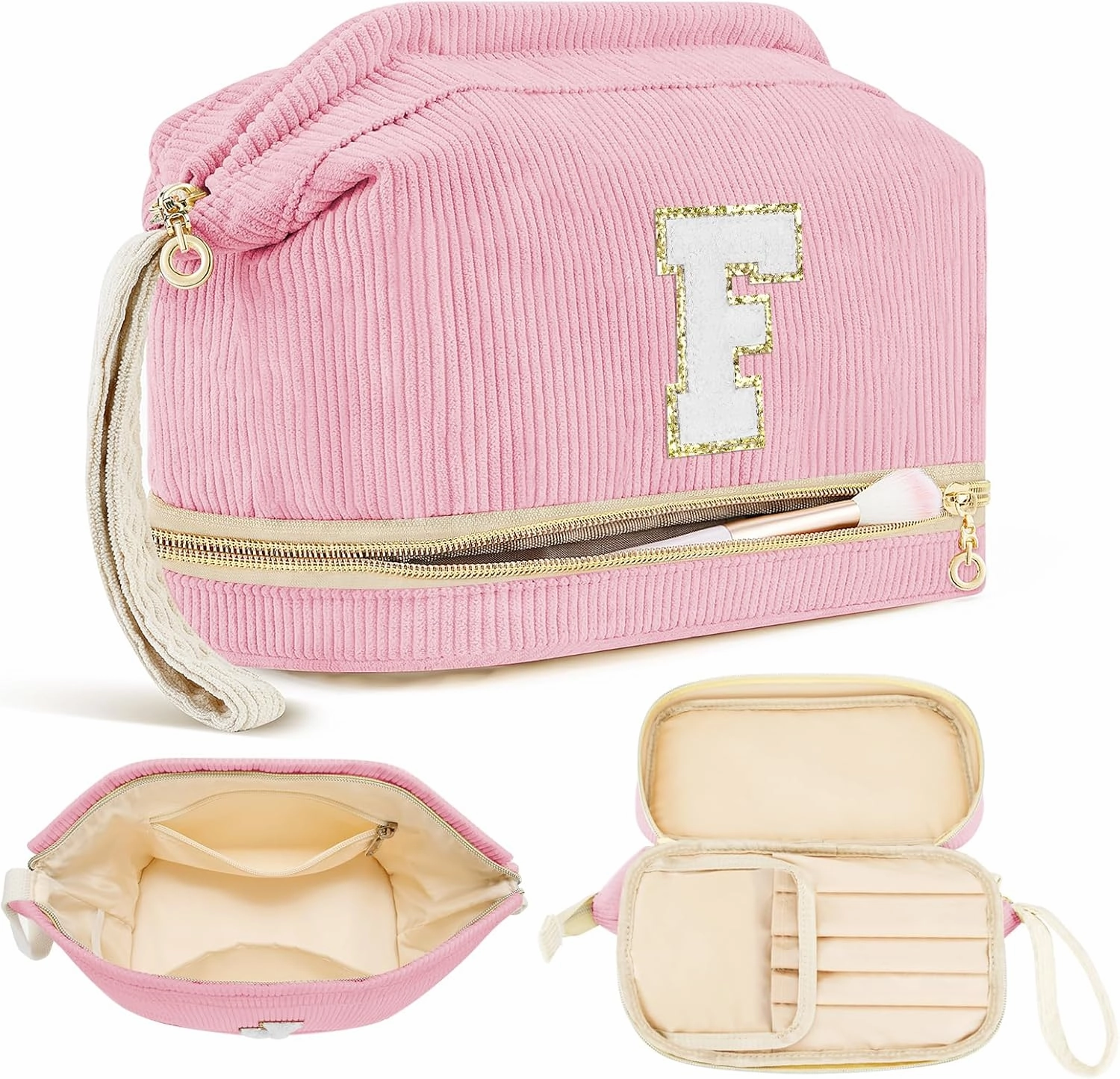 Initial Travel Makeup Bag for Women, Personalized Gift Large Double Layer Make Up Gift Cute Cosmetic Bag for Girl Makeup Pouch Wide-open Roomy Makeup Travel Bags Birthday Gifts for Her Pink - F