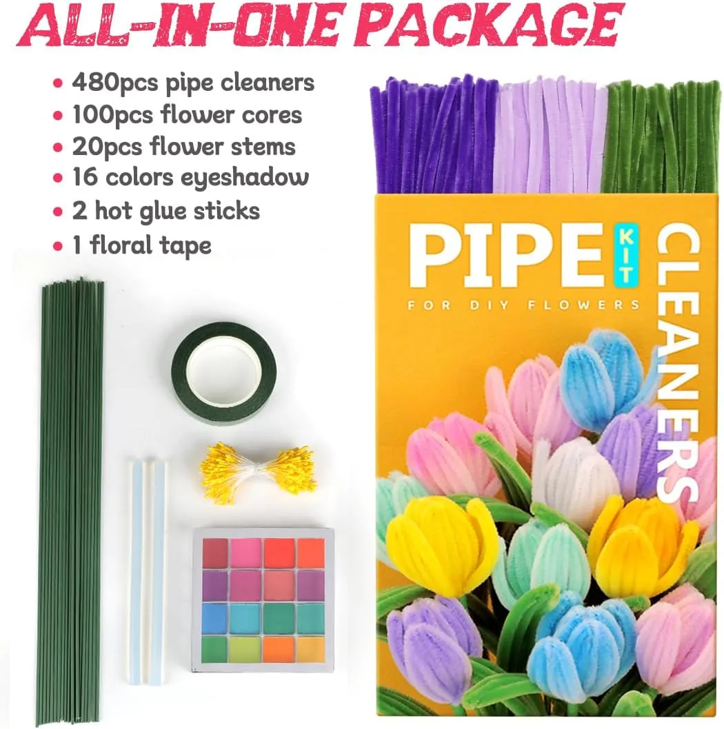 IOOLEEM 480pcs Purple Lavender Pipe Cleaners Flower Making Kit, Arts & Craft Supplies, Pipe Cleaners for Flowers, Craft Supplies Kit, Ideas for Art Project Activity