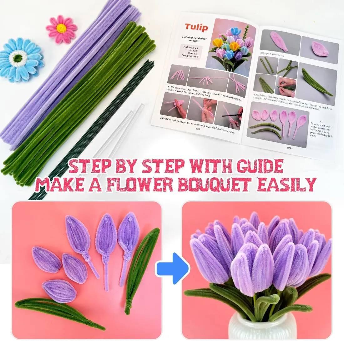 IOOLEEM 480pcs Purple Lavender Pipe Cleaners Flower Making Kit, Arts & Craft Supplies, Pipe Cleaners for Flowers, Craft Supplies Kit, Ideas for Art Project Activity