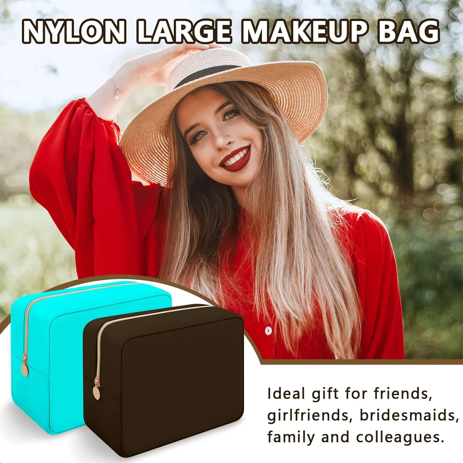 Iqimott Nylon Large Makeup Bag Travel Pouch, Preppy Big Cosmetic Bag Makeup Organizer Nylon Large Capacity Toiletry Bag, Waterproof Large Zipper Pouch Storage Bag for Women Girls Teens(Brown)