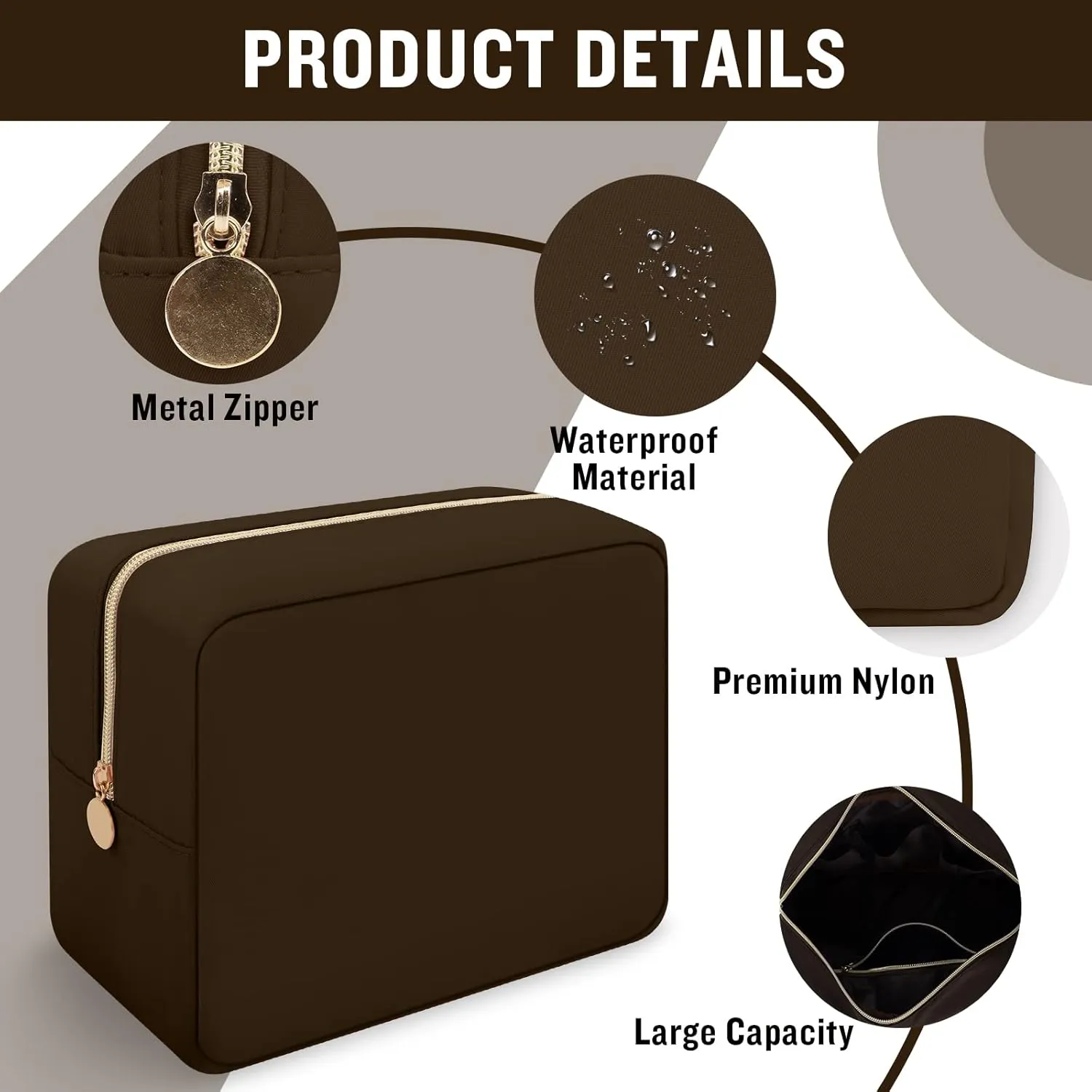 Iqimott Nylon Large Makeup Bag Travel Pouch, Preppy Big Cosmetic Bag Makeup Organizer Nylon Large Capacity Toiletry Bag, Waterproof Large Zipper Pouch Storage Bag for Women Girls Teens(Brown)