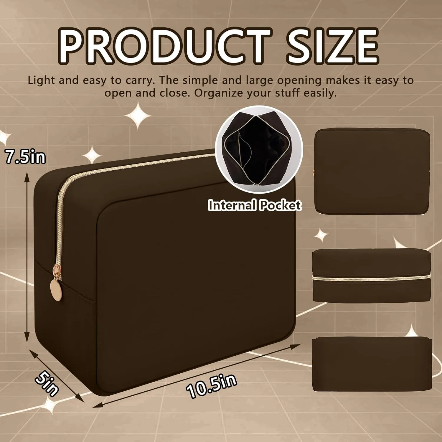 Iqimott Nylon Large Makeup Bag Travel Pouch, Preppy Big Cosmetic Bag Makeup Organizer Nylon Large Capacity Toiletry Bag, Waterproof Large Zipper Pouch Storage Bag for Women Girls Teens(Brown)